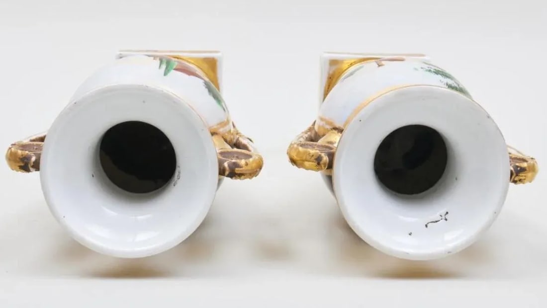 A Pair of 19th Century French Empire Vases Old Paris Porcelain Gilt Ground Pastoral and Figural Mant - 8
