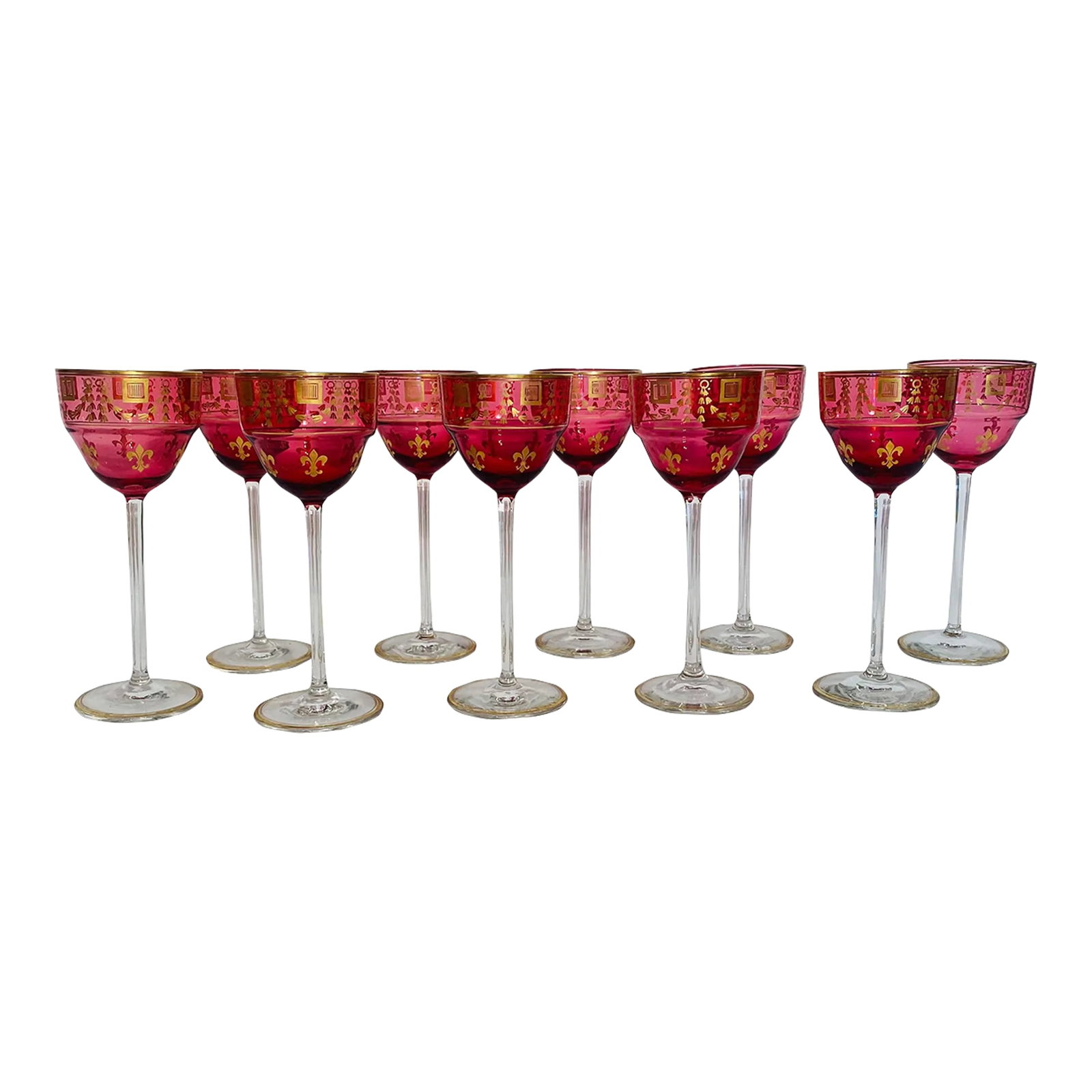 Ruby Gilt Wine Glasses, Antique French Circa 1900. Fleur de Lis - Set of 10 (1 of 10)