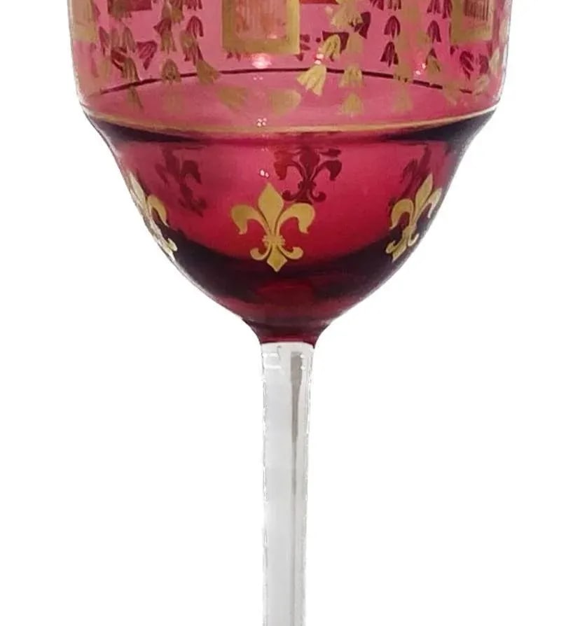 Ruby Gilt Wine Glasses, Antique French Circa 1900. Fleur de Lis - Set of 10 - 2