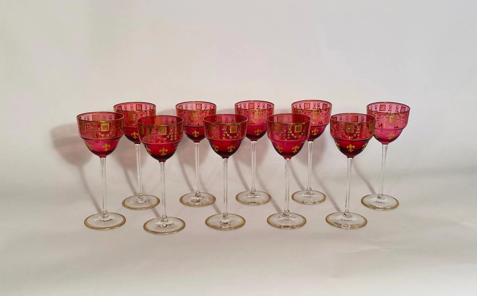 Ruby Gilt Wine Glasses, Antique French Circa 1900. Fleur de Lis - Set of 10 - 4