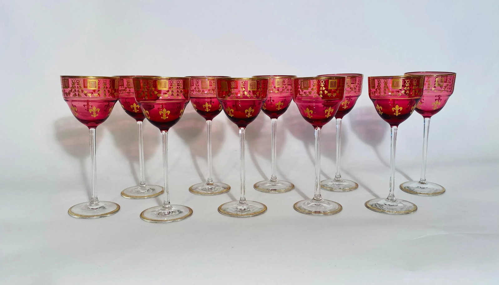 Ruby Gilt Wine Glasses, Antique French Circa 1900. Fleur de Lis - Set of 10 - 6