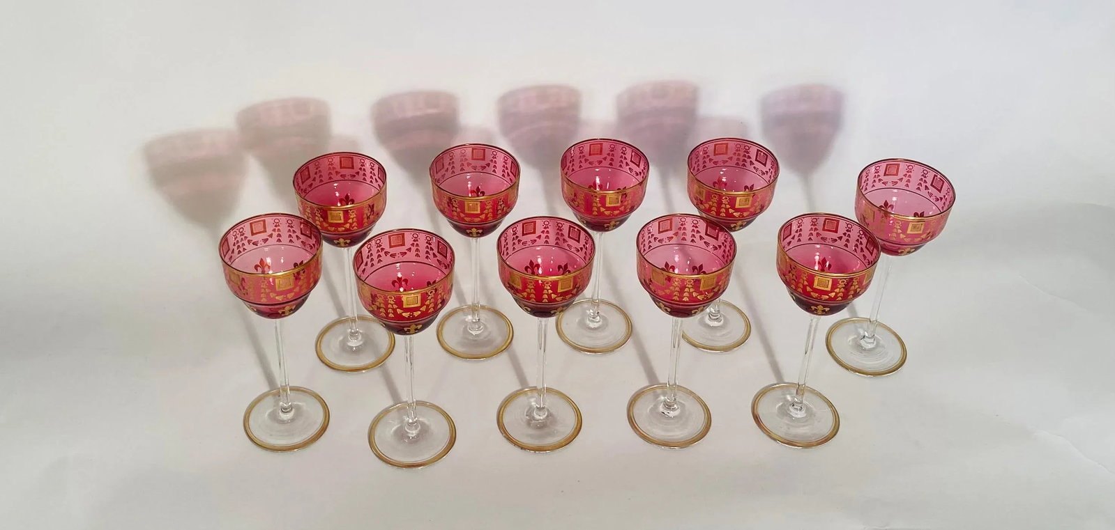 Ruby Gilt Wine Glasses, Antique French Circa 1900. Fleur de Lis - Set of 10 - 7