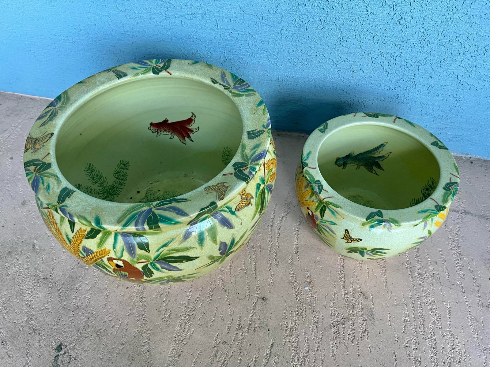 Vintage Asian Fish Bowl/ Planter With Red Parrot Macaw - Set of 2 - 2