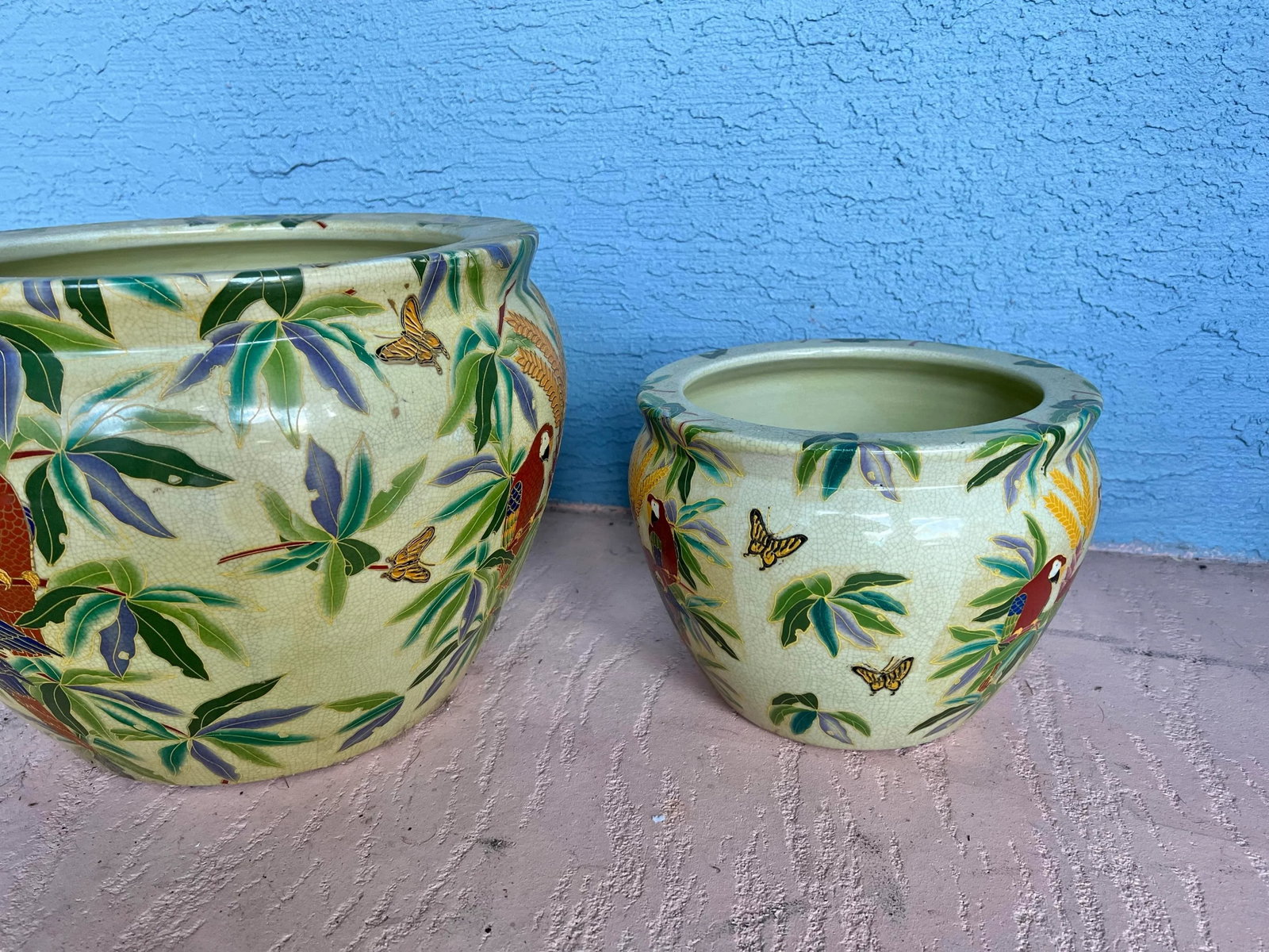 Vintage Asian Fish Bowl/ Planter With Red Parrot Macaw - Set of 2 - 3