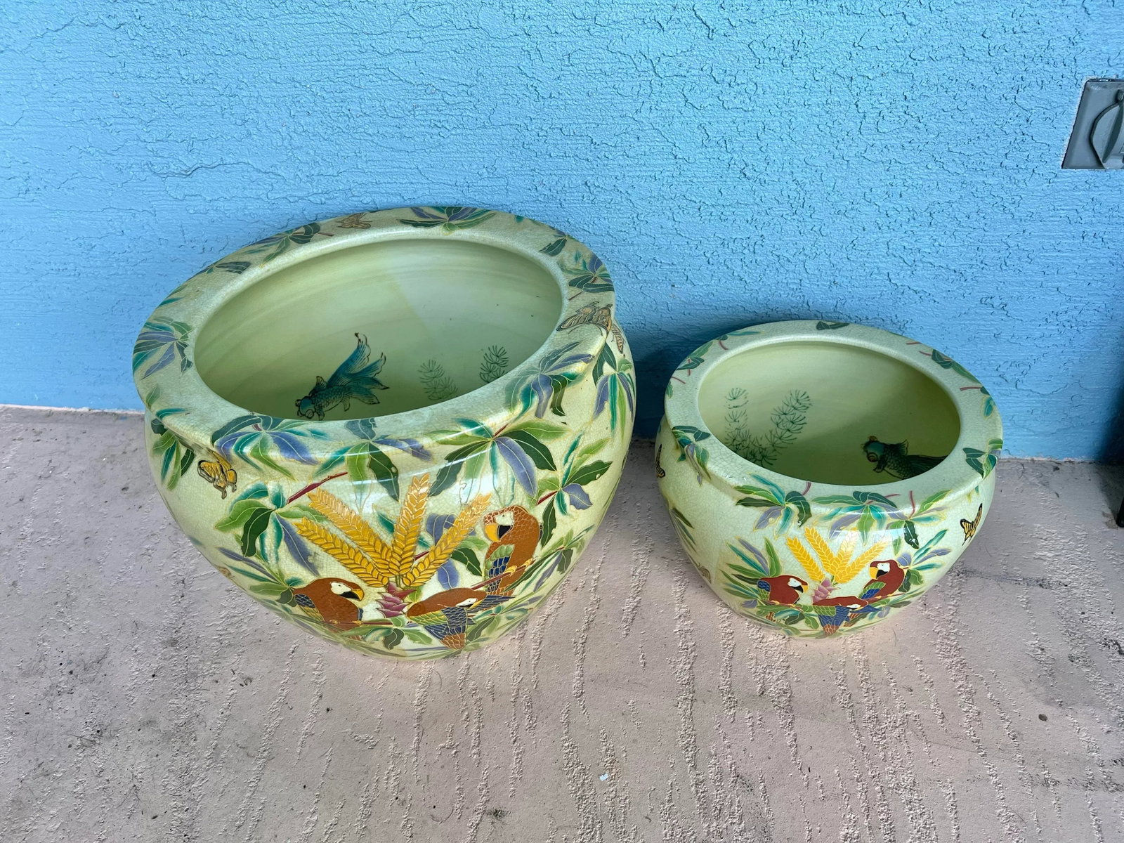 Vintage Asian Fish Bowl/ Planter With Red Parrot Macaw - Set of 2 - 4
