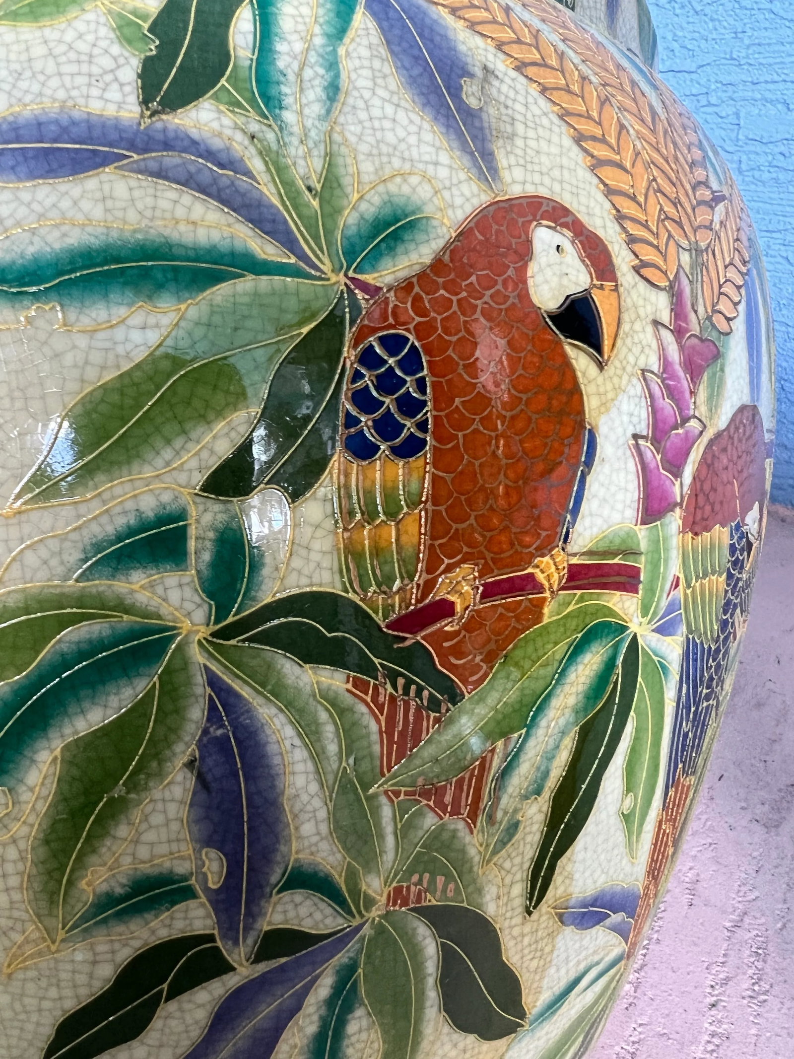 Vintage Asian Fish Bowl/ Planter With Red Parrot Macaw - Set of 2 - 5