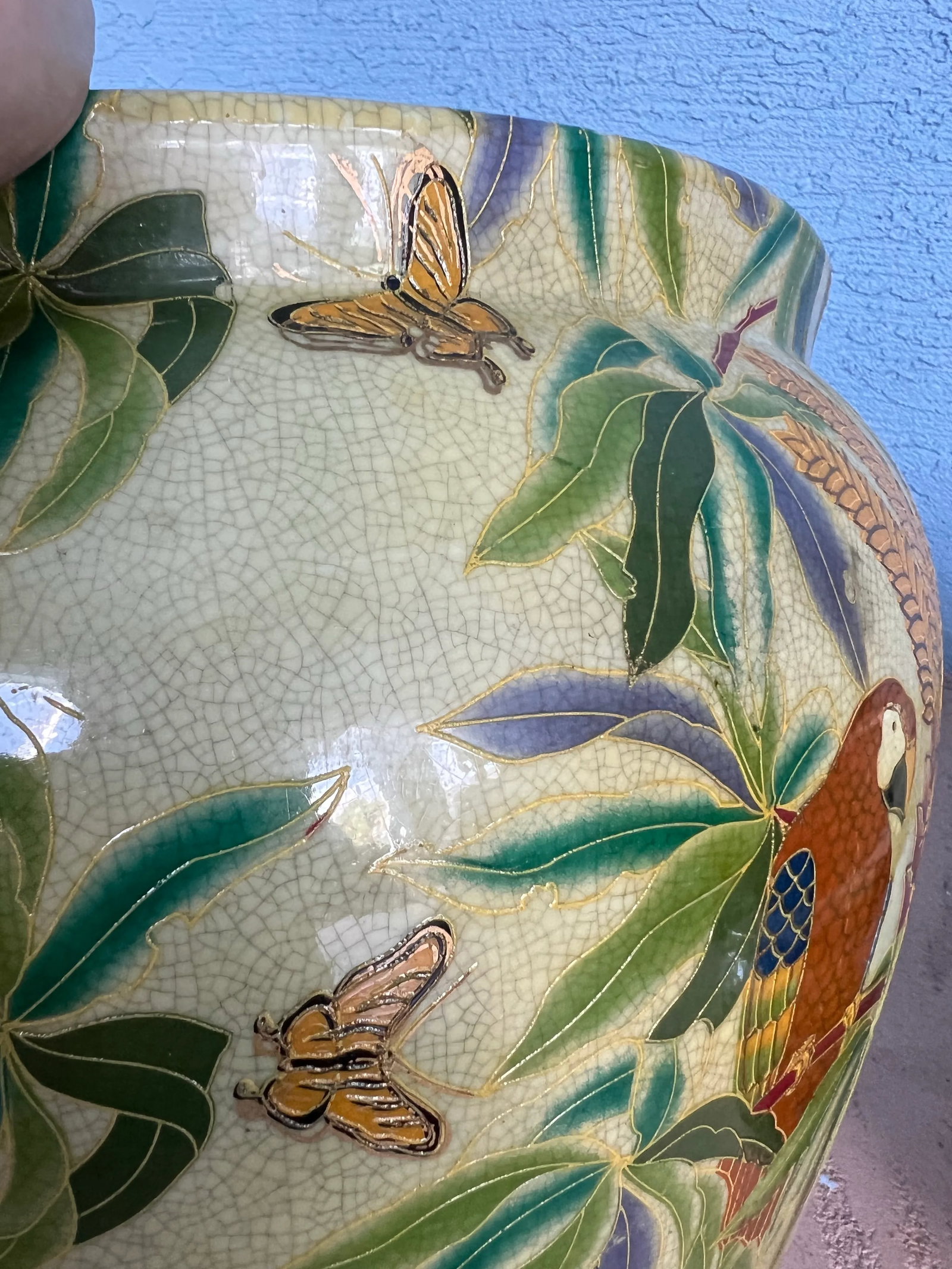 Vintage Asian Fish Bowl/ Planter With Red Parrot Macaw - Set of 2 - 6