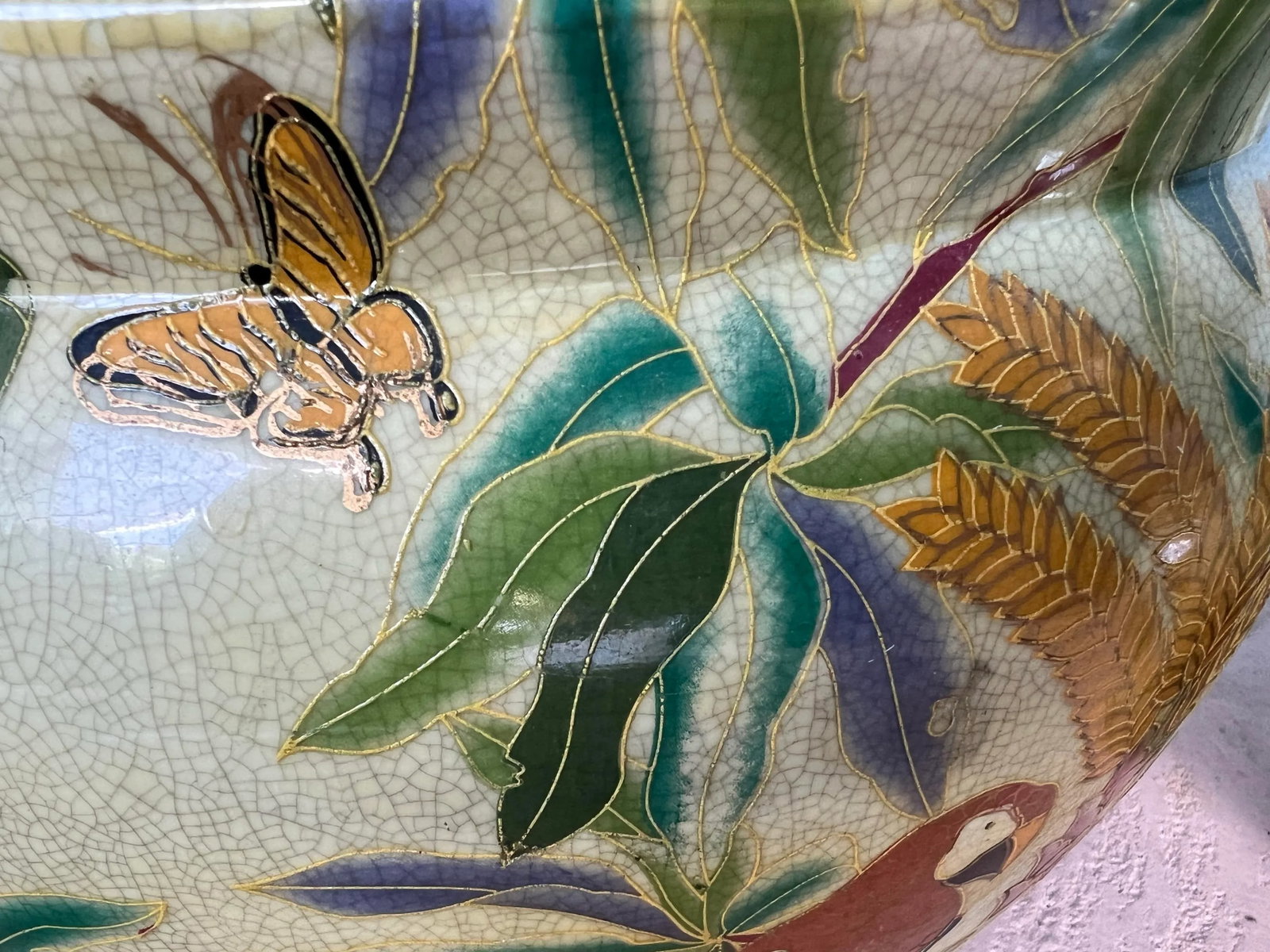 Vintage Asian Fish Bowl/ Planter With Red Parrot Macaw - Set of 2 - 7