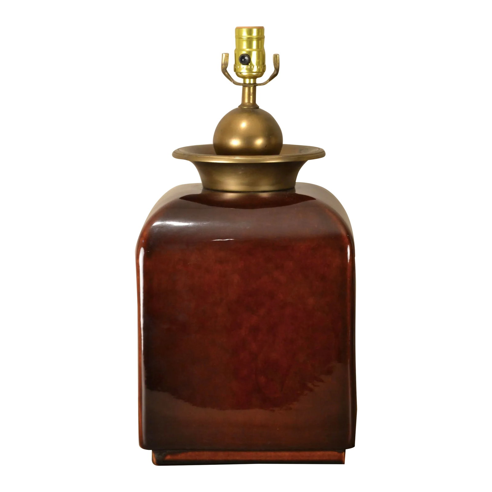20th Century Modernist Pottery Table Lamp: Unique mid century pottery lamp in modern cube form with brass cap. Beautiful dark umber color. Original brass colored socket and cord. Does not retain original label but styled after Haegar.