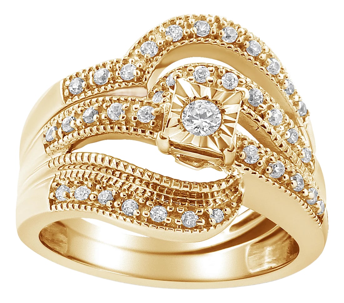 14K Yellow Gold Plated .925 Sterling Silver 1/3 Cttw Round Diamond Crisscross Engagement Ring Bridal: Surprise your beautiful bride with stunning natural diamonds! This 1/3 cttw round diamond engagement ring is an elegant symbol of love that features crisscrossing ribbons of .925 sterling silver