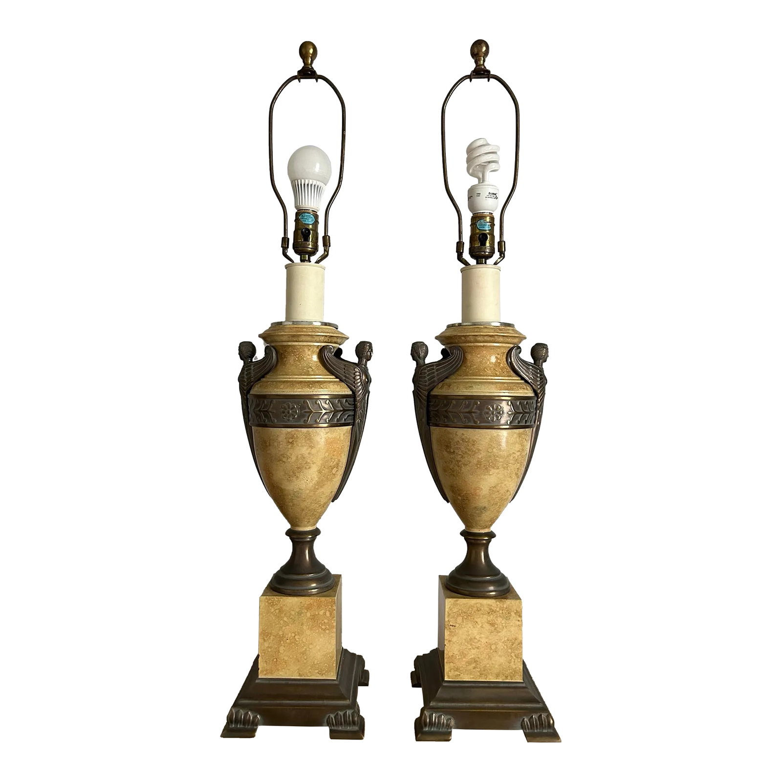 Pair of Italian Neoclassical Urn Style Table Lamps Bronze Harpies on Faux Marble: Vintage metal large neoclassical Hollywood Regency style table lamps. All metal, faux marble with bronze harpie embellishment. Total measurement from table to top of finial is 35". Measurement from ta