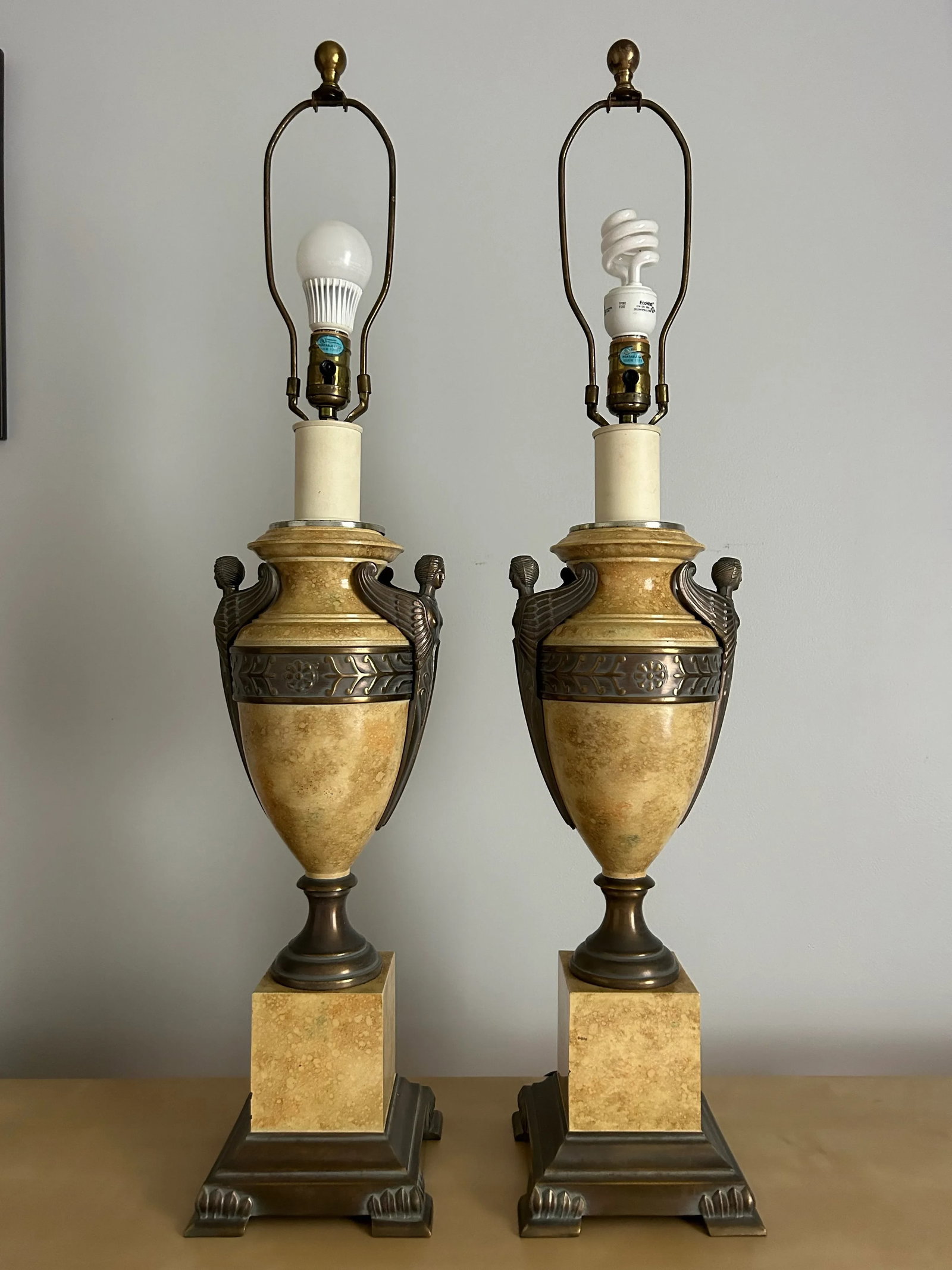 Pair of Italian Neoclassical Urn Style Table Lamps Bronze Harpies on Faux Marble - 2
