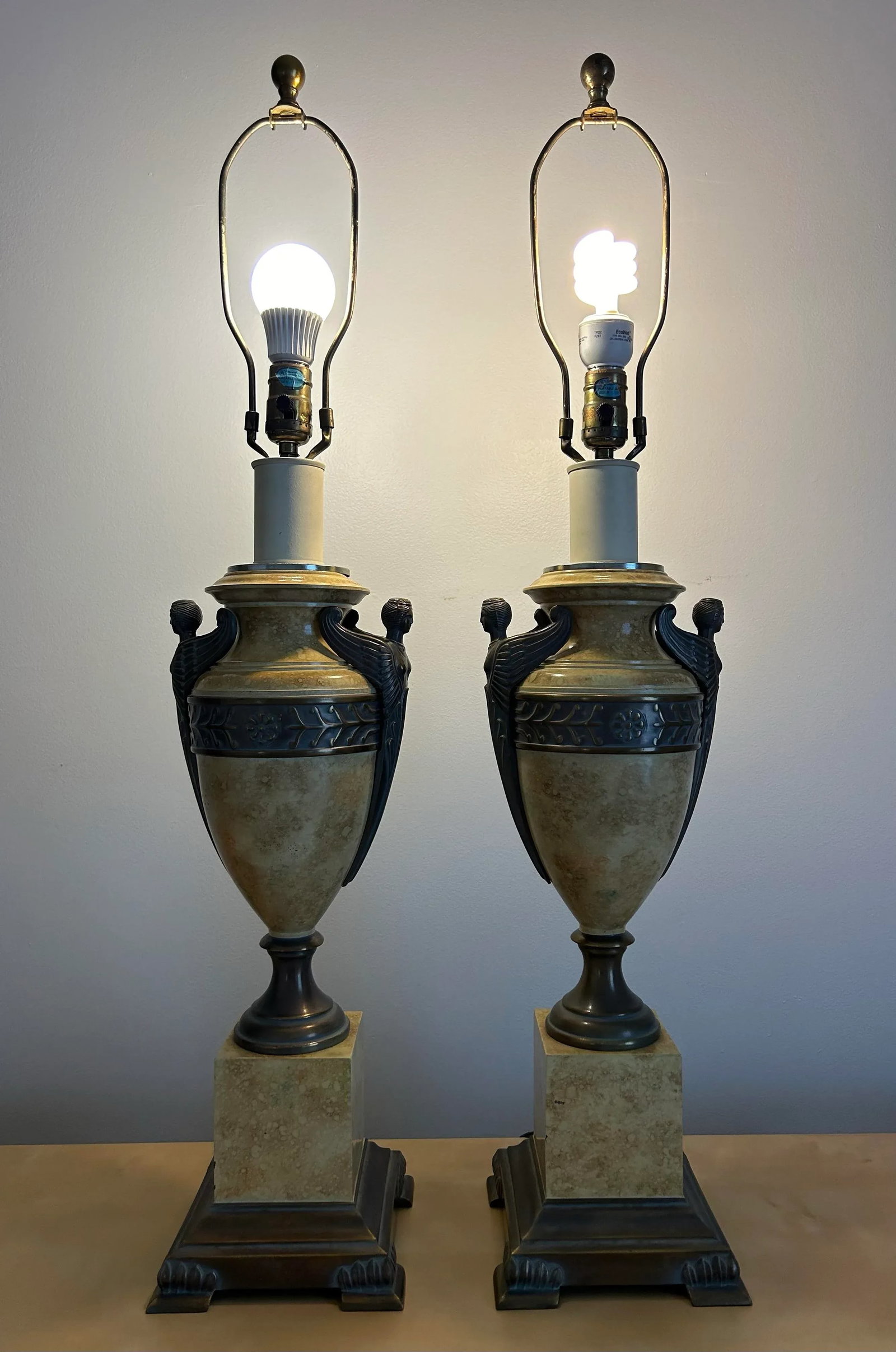 Pair of Italian Neoclassical Urn Style Table Lamps Bronze Harpies on Faux Marble - 3
