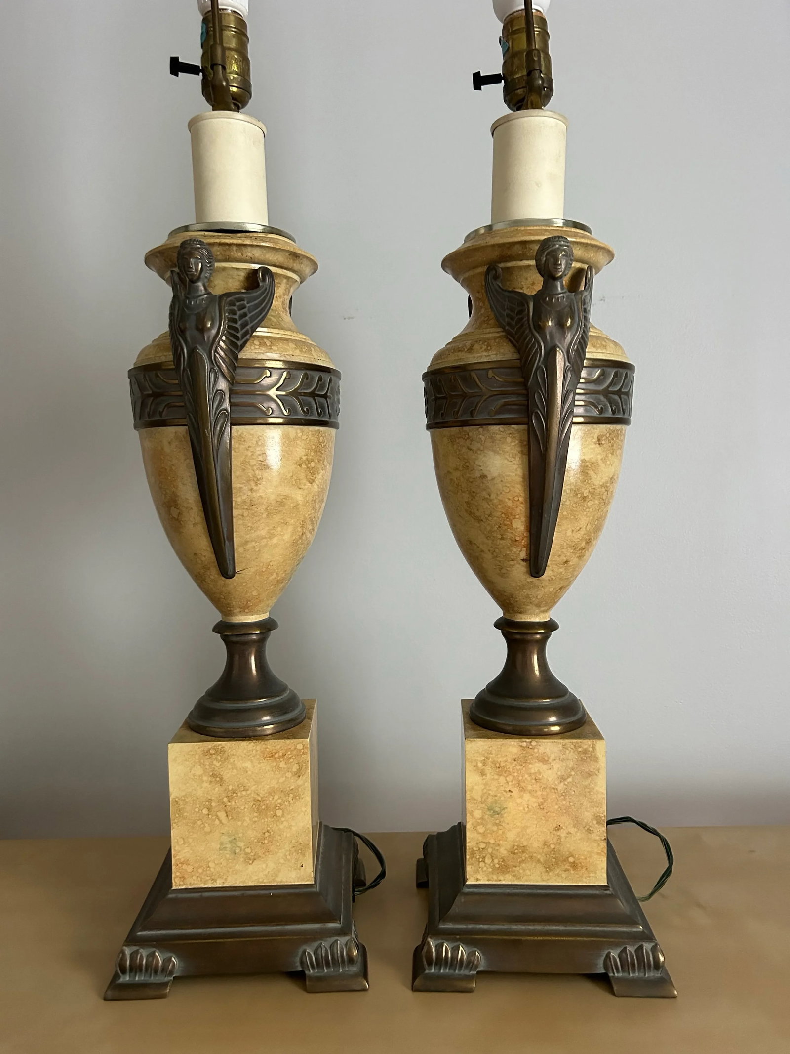 Pair of Italian Neoclassical Urn Style Table Lamps Bronze Harpies on Faux Marble - 6