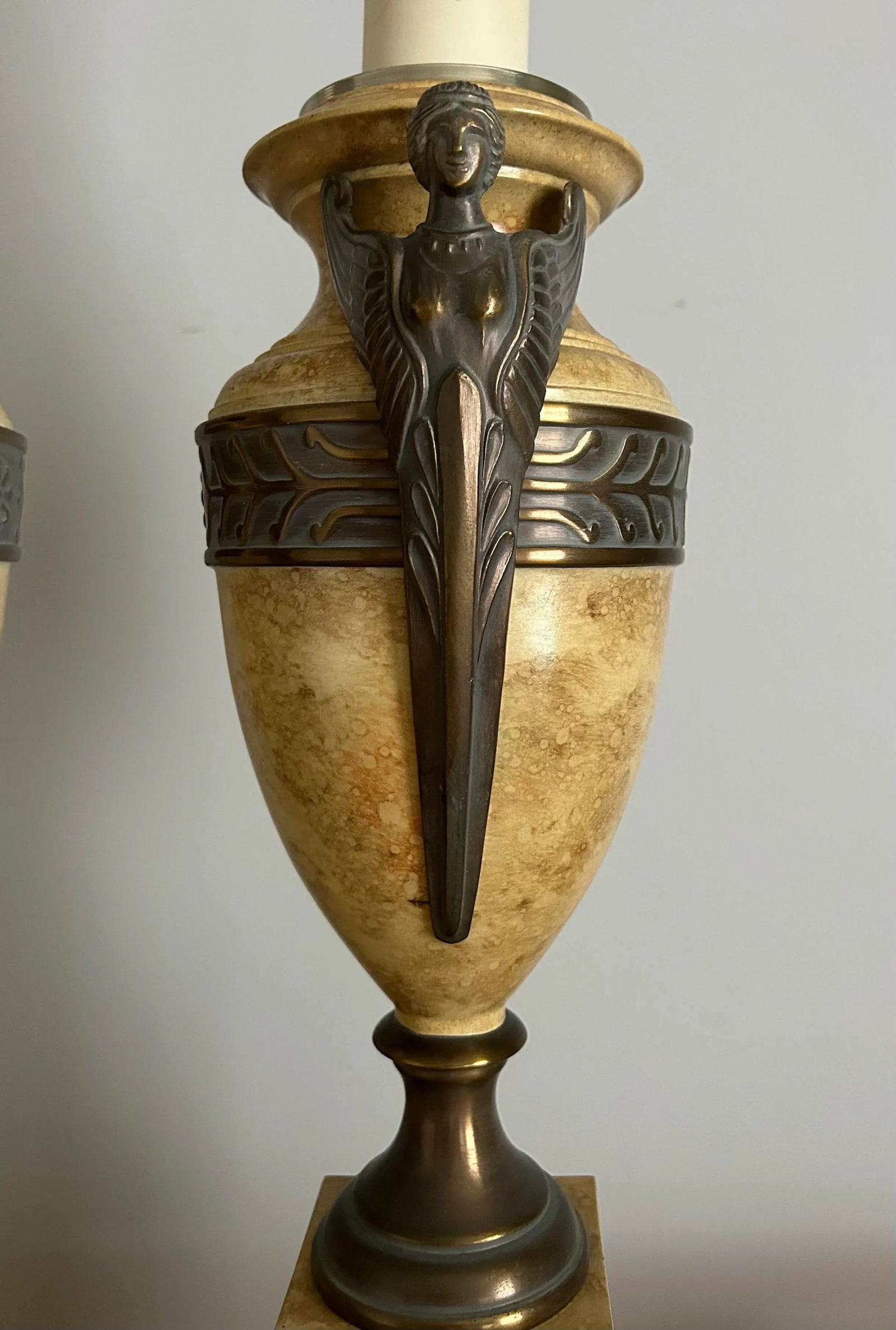 Pair of Italian Neoclassical Urn Style Table Lamps Bronze Harpies on Faux Marble - 7