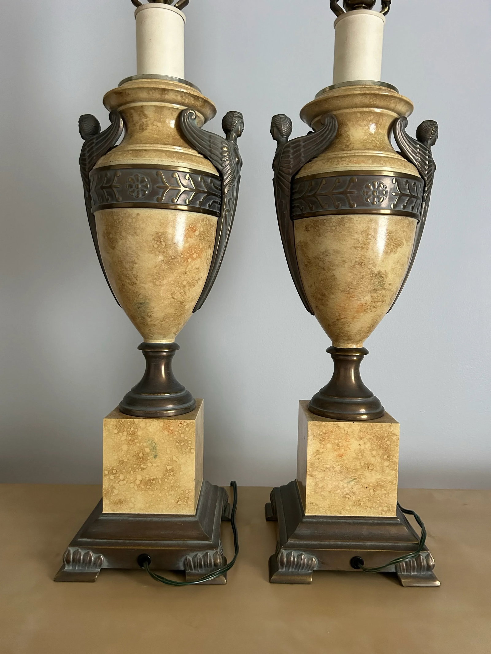 Pair of Italian Neoclassical Urn Style Table Lamps Bronze Harpies on Faux Marble - 8