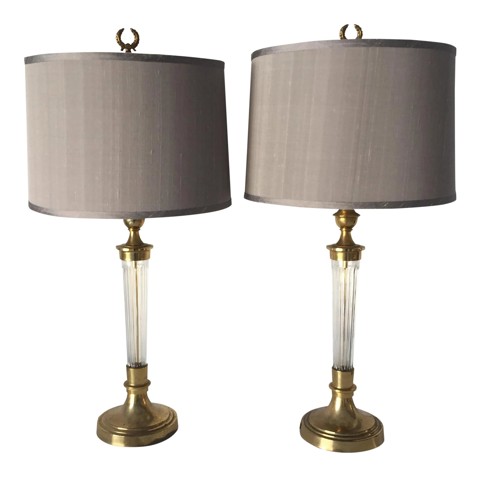 Mid-Century Table Lamps (2)ly Complimented by Custome Shades: Mid-Century lamps married to custom silk shades in Hollywood Regency style complement each other quite effectively; and purposely topped with 32" T crowned wreath finials for historic elegance. The