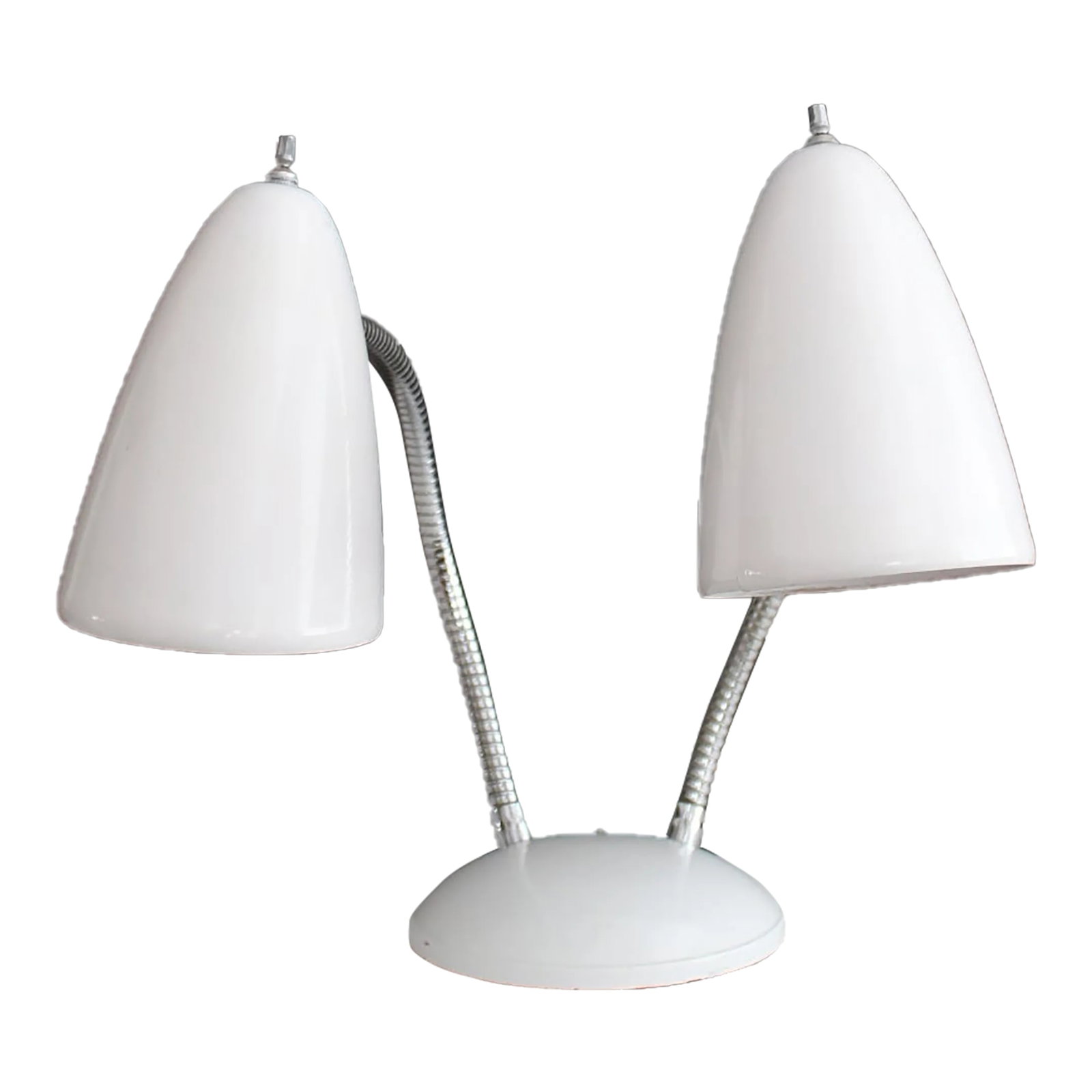 1950s Gerald Thurston Style Desk Lamp: Gerald Thurston Style desk lamp .Beautiful sleek style. Sculptural bullet shades. Two adjustable necks for directing light Each shade . Approximately 10 inches tall. Also a ten inch reach. Base is