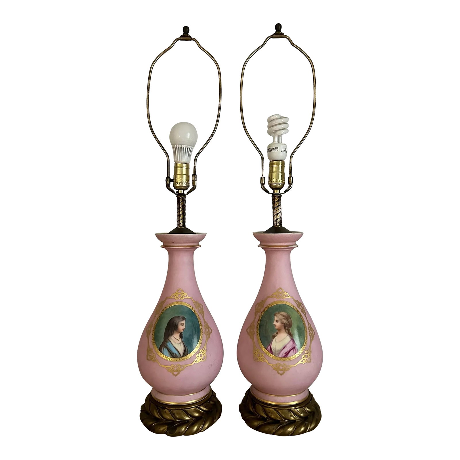 Pair of Vintage French Neoclassical Large Pink Frosted Glass Lamps With Portraits: Beautiful pair of frosted pink glass lamps with gilt metal bases. Lamps feature man and woman classic French style portraits. Excellent quality. Large size, measures 21" from base to light socket. Pin
