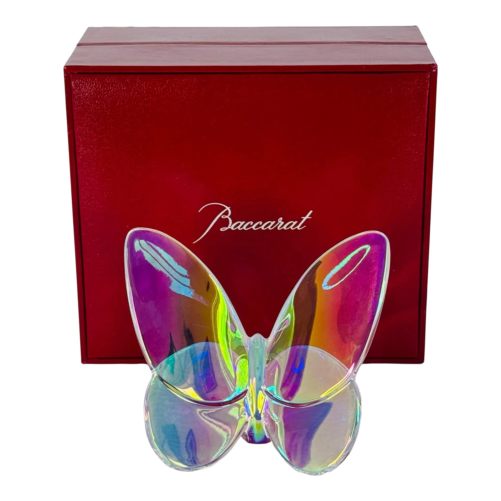 Baccarat Clear Iridescent Lucky Glass Butterfly Figurine With Box: Baccarat Clear Iridescent Lucky Glass Butterfly Figurine With Box. The butterfly is marked and comes with the paperwork and box. Beautiful color! Condition: Alterations: Original Condition Unaltered