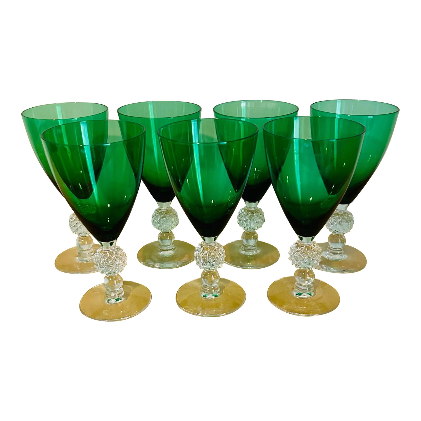 Antique Green & Clear Crystal Drink Stem Glasses- Set of 7: Beautiful, antique, set of seven (7) green crystal drink / cocktail glasses. Features a beautiful clear crystal ball stem. Could be used for water glasses on table setting as well as drink glasses. Co