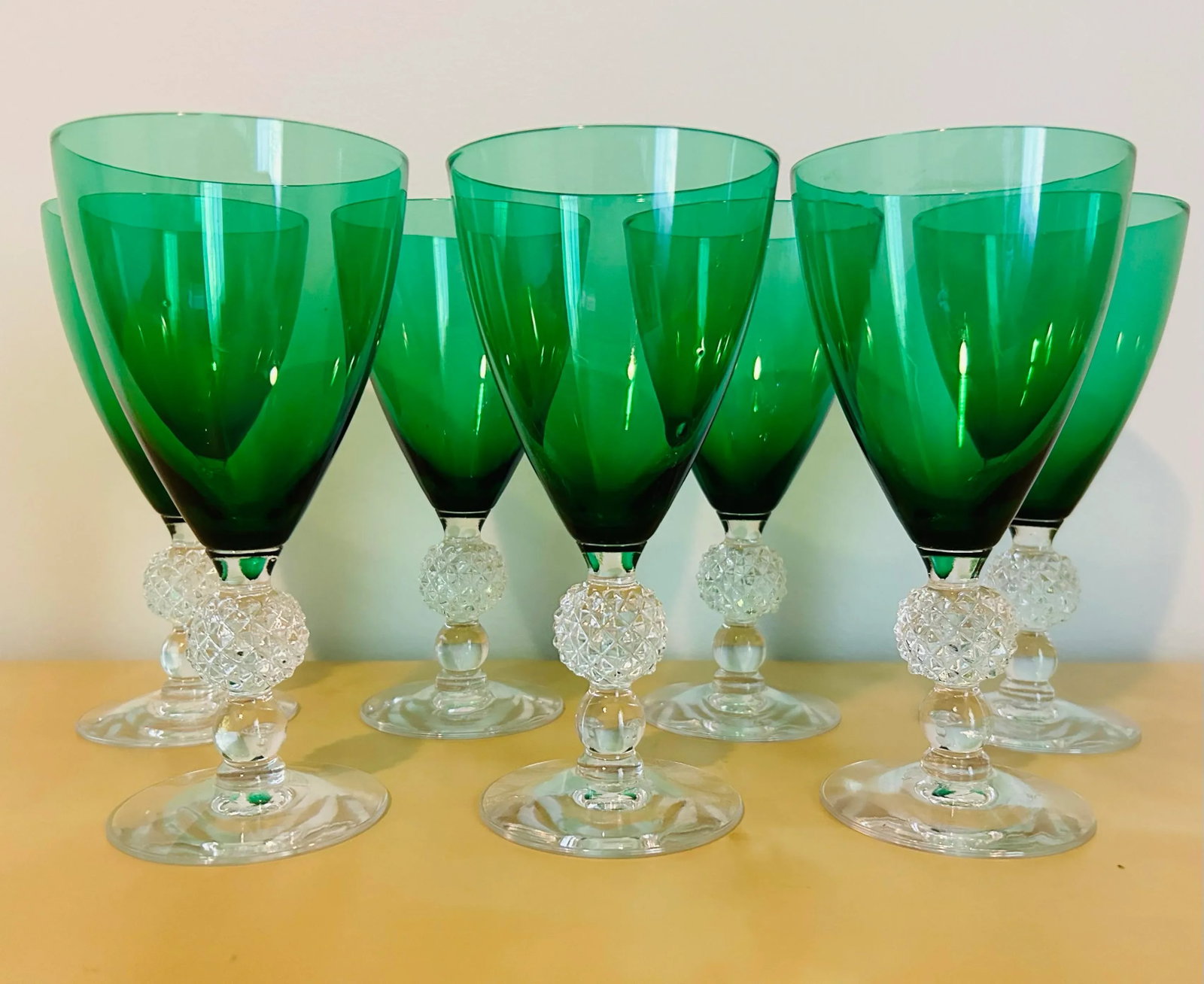 Antique Green & Clear Crystal Drink Stem Glasses- Set of 7 - 2