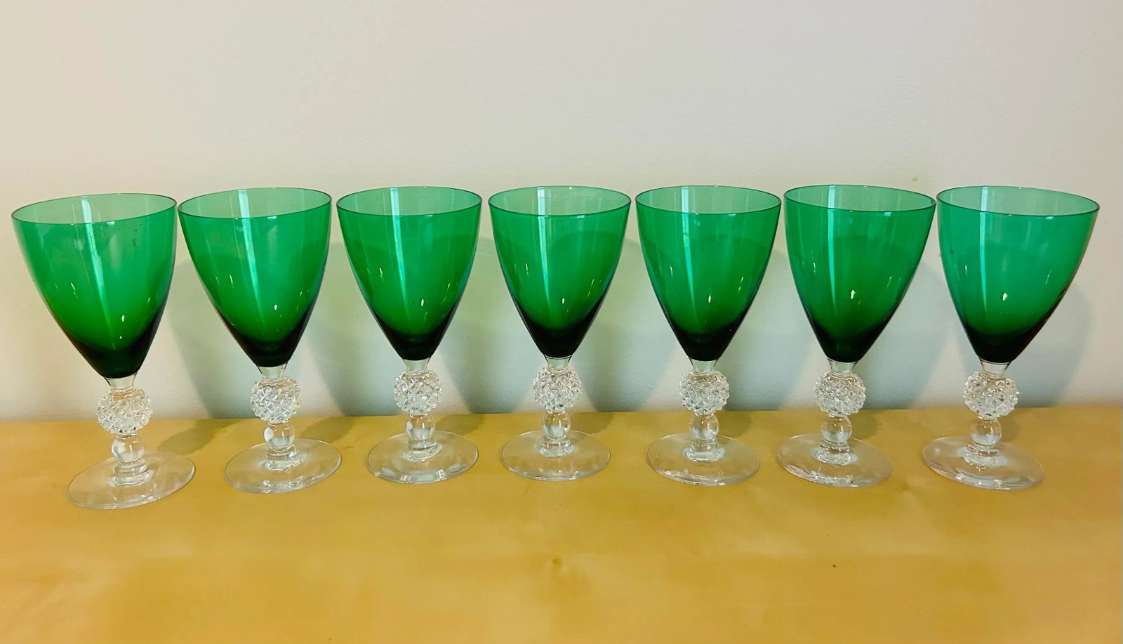 Antique Green & Clear Crystal Drink Stem Glasses- Set of 7 - 3