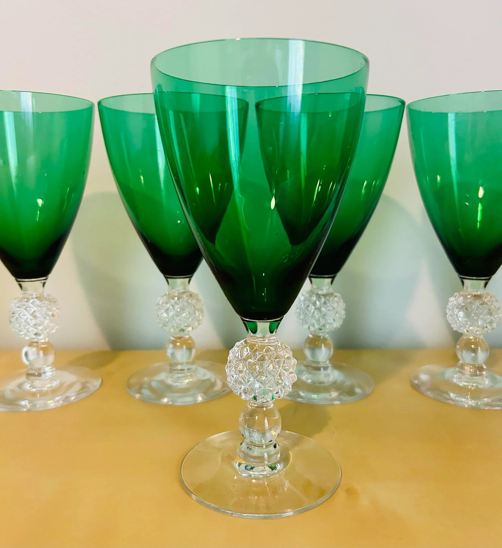 Antique Green & Clear Crystal Drink Stem Glasses- Set of 7 - 4