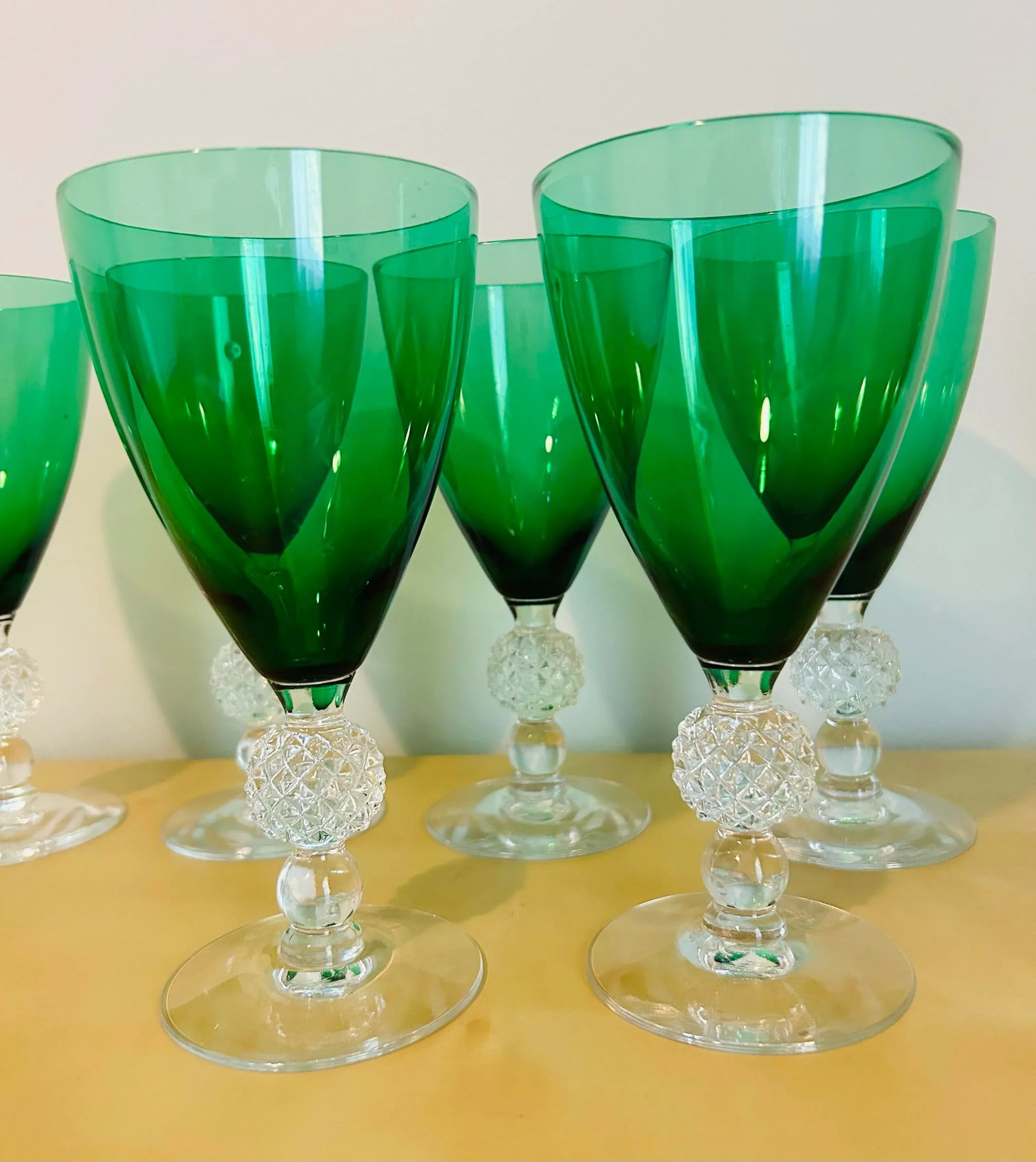 Antique Green & Clear Crystal Drink Stem Glasses- Set of 7 - 5