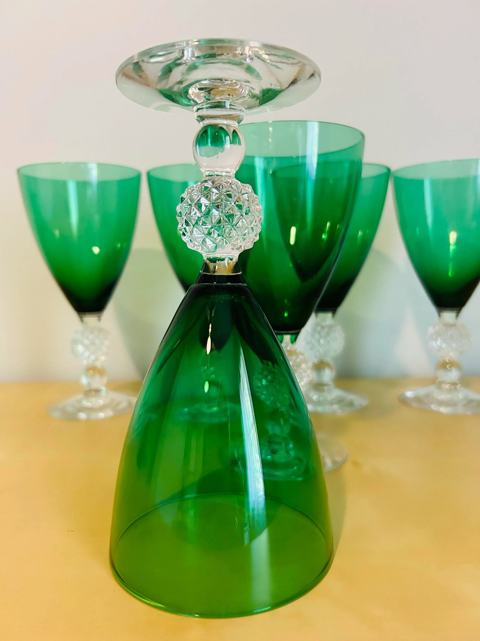 Antique Green & Clear Crystal Drink Stem Glasses- Set of 7 - 6