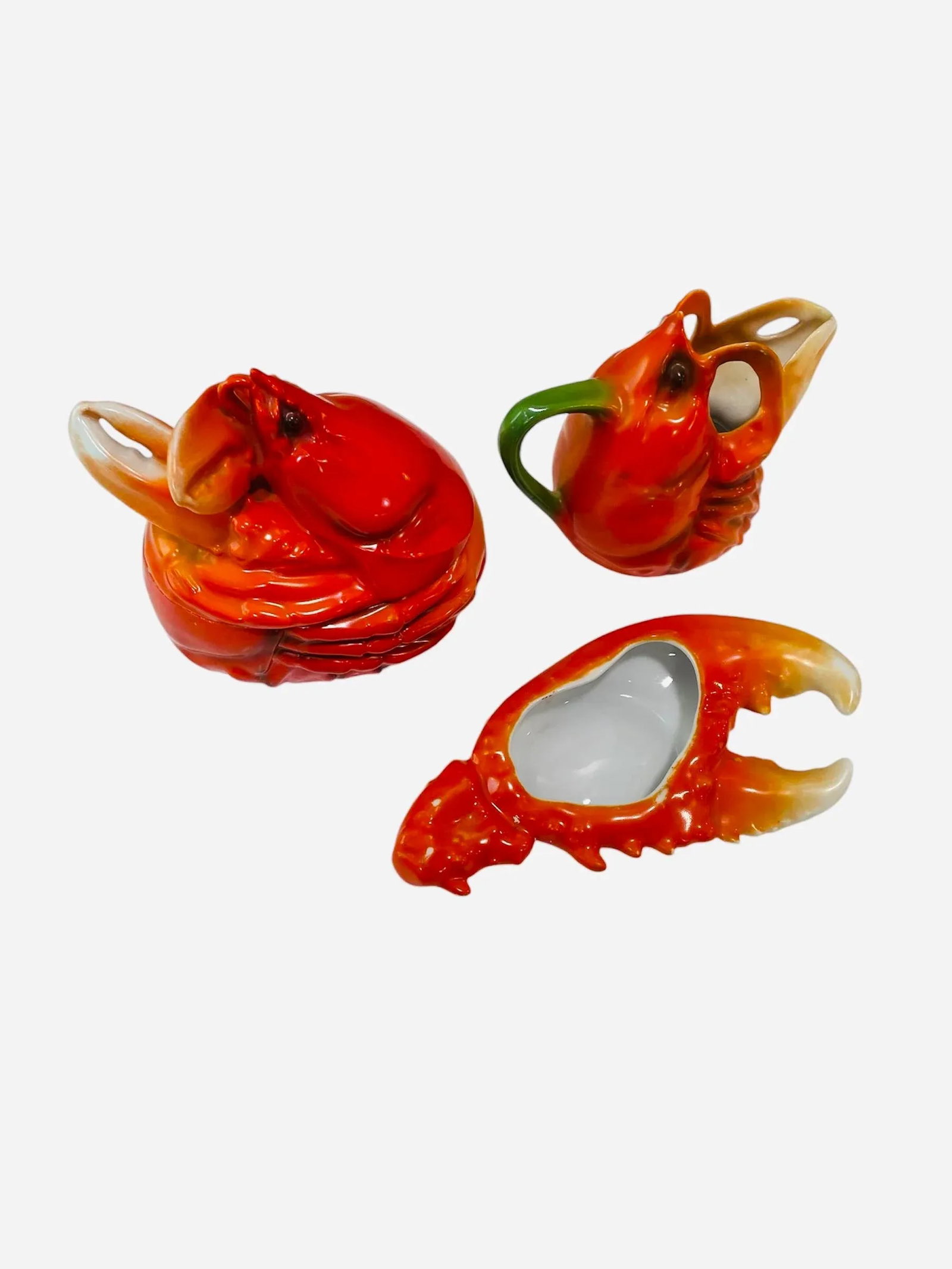 Early 20th Century Royal Bayreuth Lobster Sugar, Cream and Spoon Ceramic Dish Set- 3 Pieces - 12