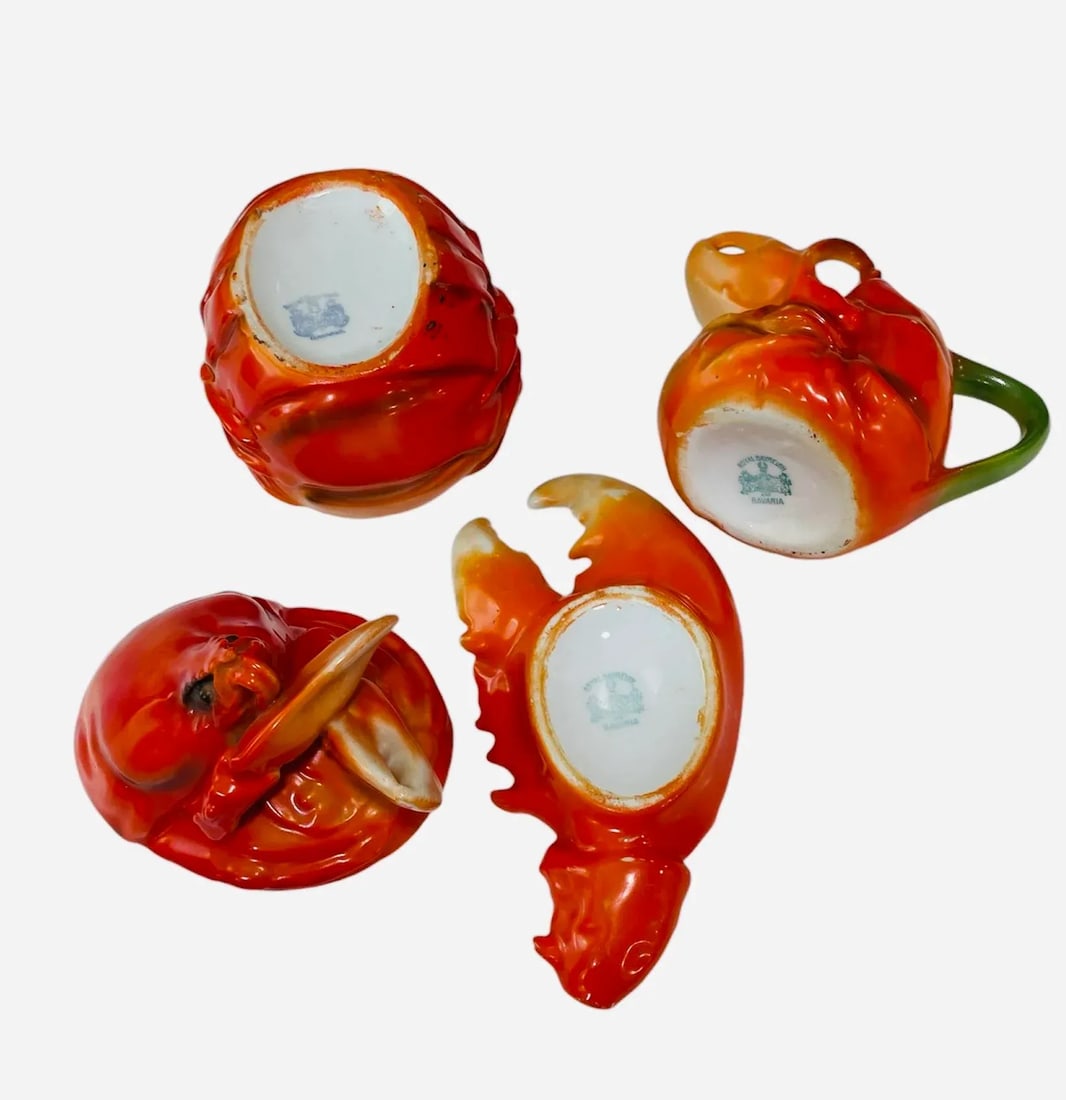Early 20th Century Royal Bayreuth Lobster Sugar, Cream and Spoon Ceramic Dish Set- 3 Pieces - 8