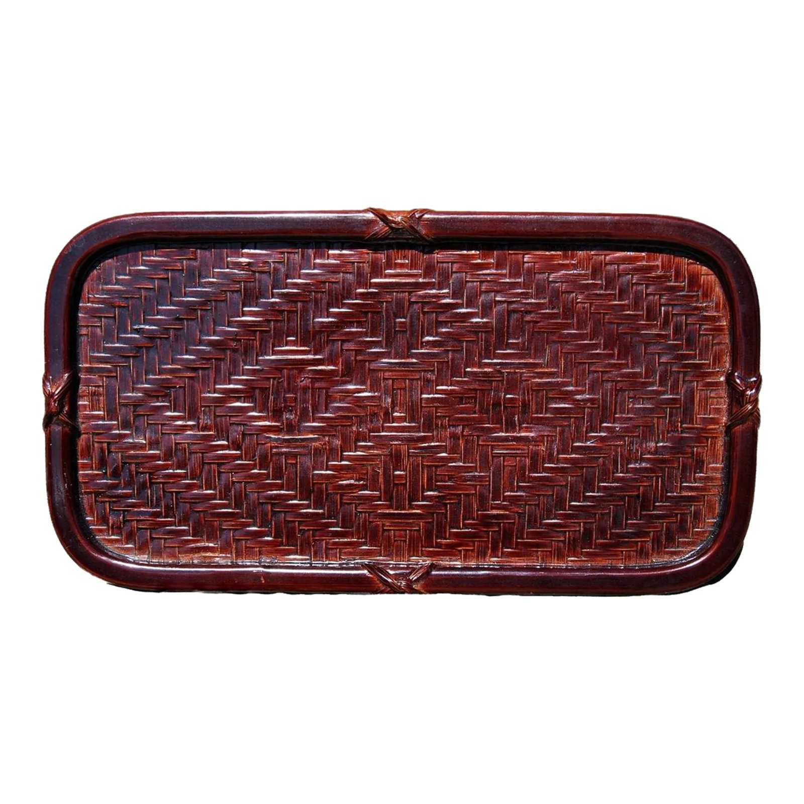 Handmade Authentic Japanese Bantai Basket-Woven Lacquerware Tray 1940s: Japanese Bantai means "bamboo basket weaving (base material)." As the name suggests, it is made by applying lacquer to woven bamboo vessels, polishing them repeatedly, and then applying decorative