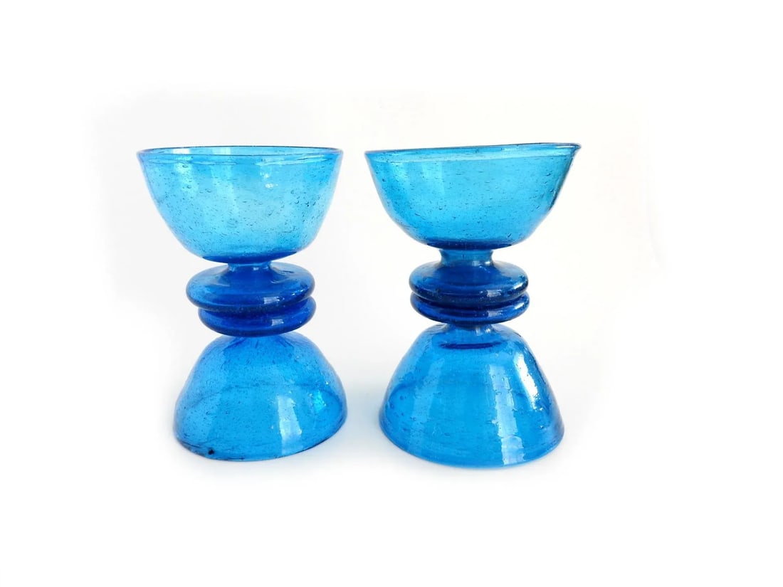 Cobalt Blue Recycled Hand Blown Glass Pedestal Ice Cream Sherbet Bowls- Set of 4 - 7