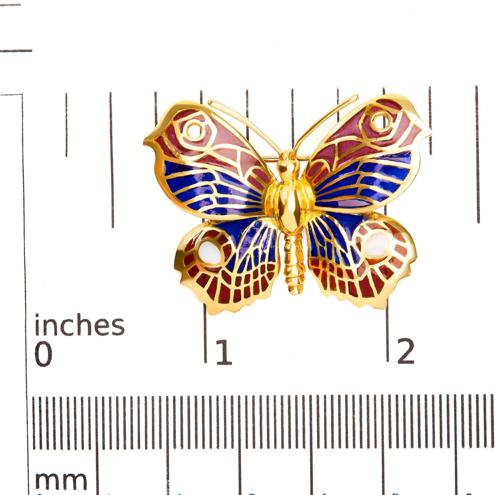 18K Yellow Gold Red, Blue, and White Enameled Butterfly Brooch Pin - 5