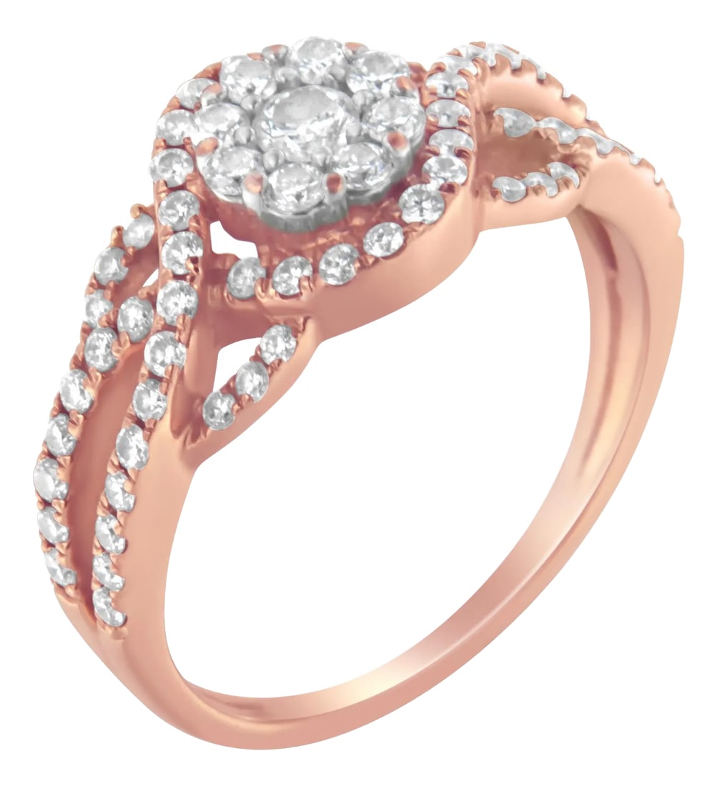 10K Rose Gold 3/4 Cttw Diamond Floral Cluster Head and Twisted Shank Cocktail Ring (H-I Color, SI1-S: Dazzling cocktail ring that displays a sophisticated and elegant design. It features a 10k rose gold structure that embraces 69 round-cut genuine diamonds in a prong settingA A A . This results in a