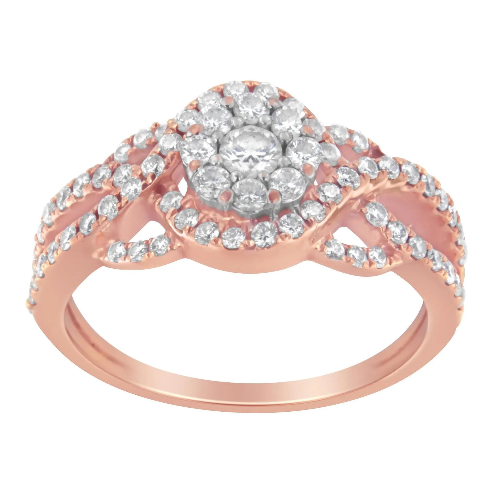 10K Rose Gold 3/4 Cttw Diamond Floral Cluster Head and Twisted Shank Cocktail Ring (H-I Color, SI1-S - 2