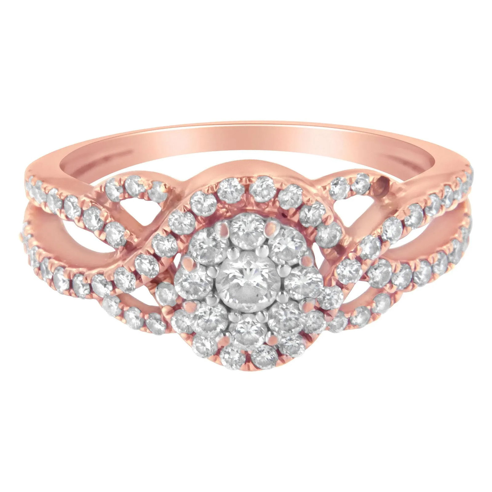 10K Rose Gold 3/4 Cttw Diamond Floral Cluster Head and Twisted Shank Cocktail Ring (H-I Color, SI1-S - 3