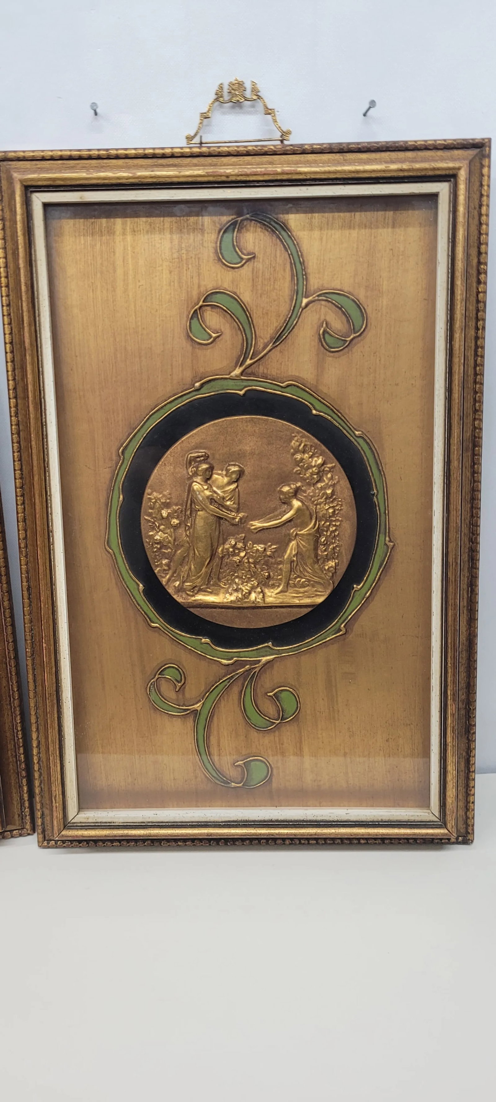Vintage Neoclassical Medallion Wood Framed Gold Gilt Original Sungott Art Studies- Set of 2 - 3