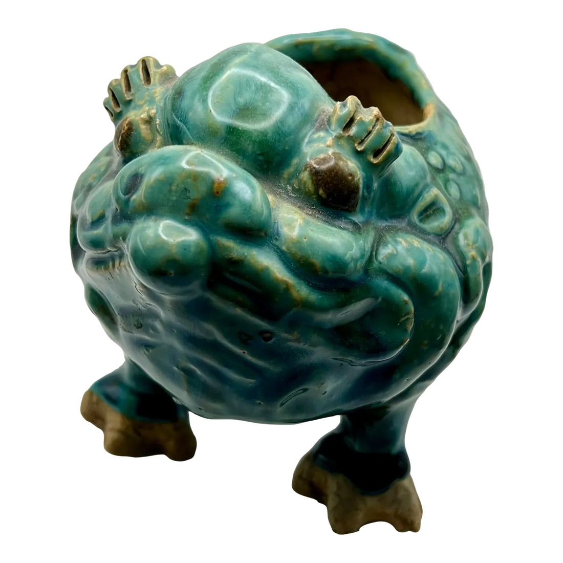 VIntage Shiwan Green Glazed Three Legged Toad: Chinese art is generally not whimsical but the ceramic objects made by Shiwan potters always make me laugh. This is another one - a three legged toad with big bulgy eyes and warty skin planter that
