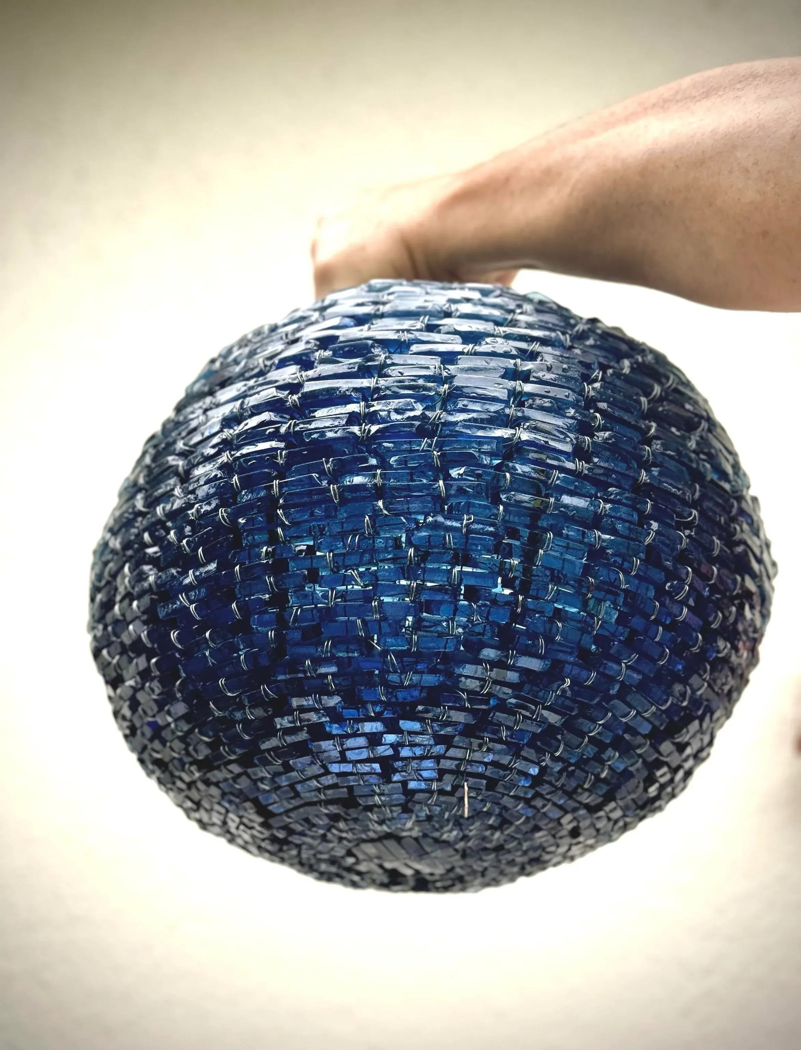 Art Glass Pendant Light : Vintage Mid-Century Cut Blue Glass Stacked Globe-Shaped Round "Blue Moon" - 2