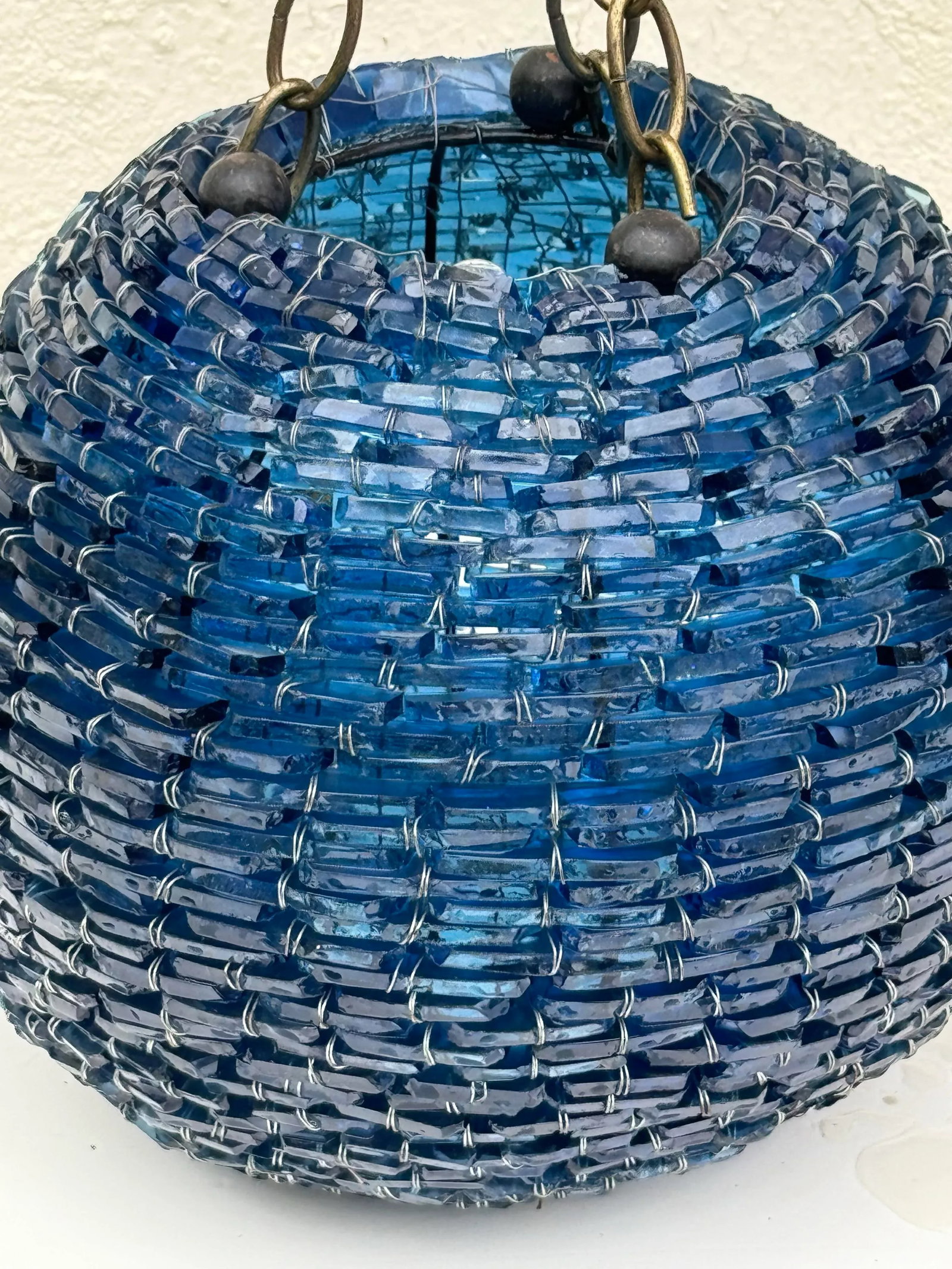 Art Glass Pendant Light : Vintage Mid-Century Cut Blue Glass Stacked Globe-Shaped Round "Blue Moon" - 3