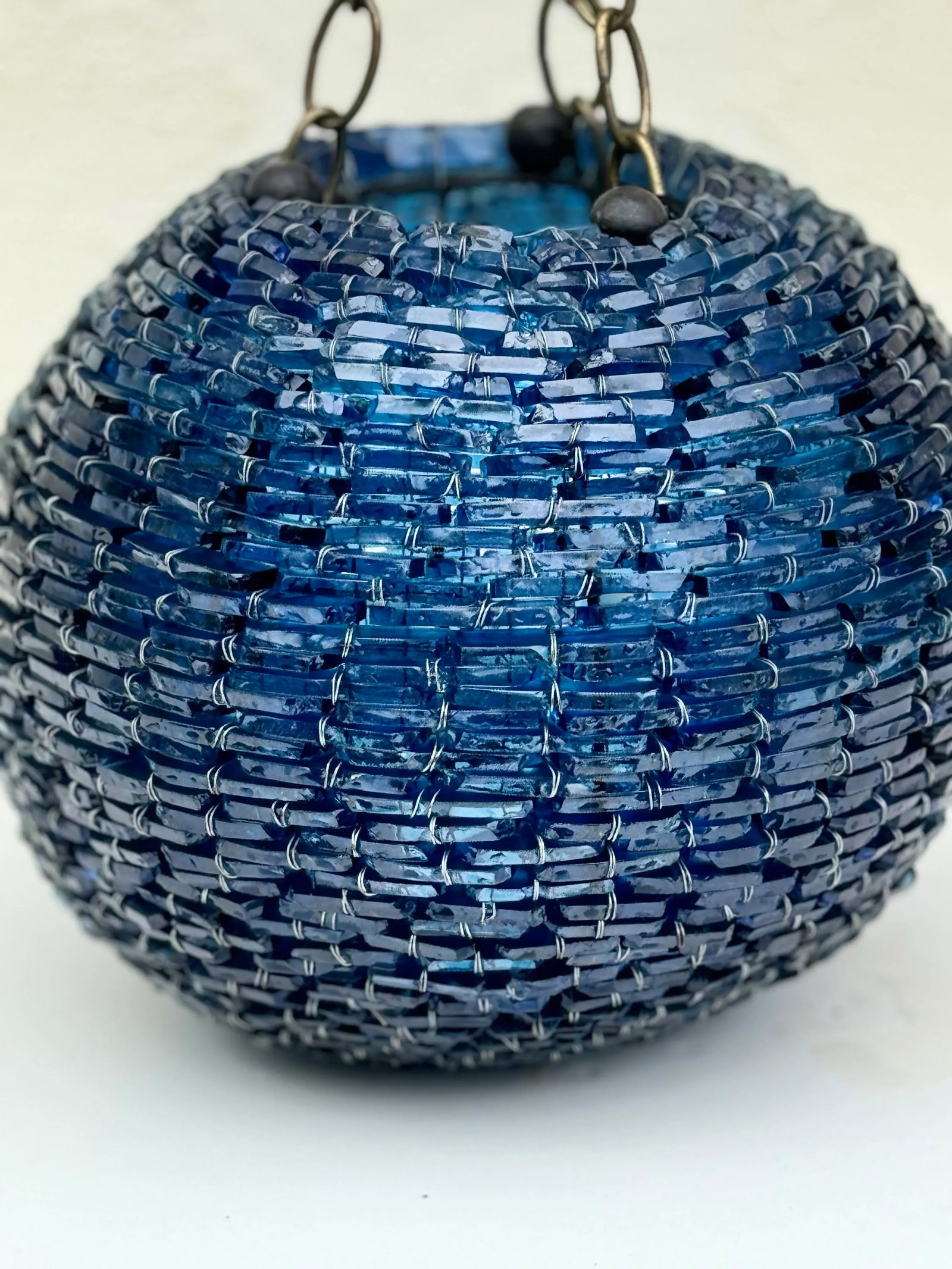Art Glass Pendant Light : Vintage Mid-Century Cut Blue Glass Stacked Globe-Shaped Round "Blue Moon" - 4