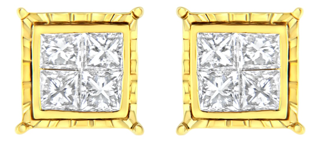 14K Yellow Gold 1.0 Cttw Invisible Set Princess-Cut Diamond Composite 8 Stone Stud Earrings: You will love these classic square stud earrings. A must have for any serious jewelry collection, these 14k yellow gold earrings boast an impressive 1 carat total weight of sparkling diamonds. Each