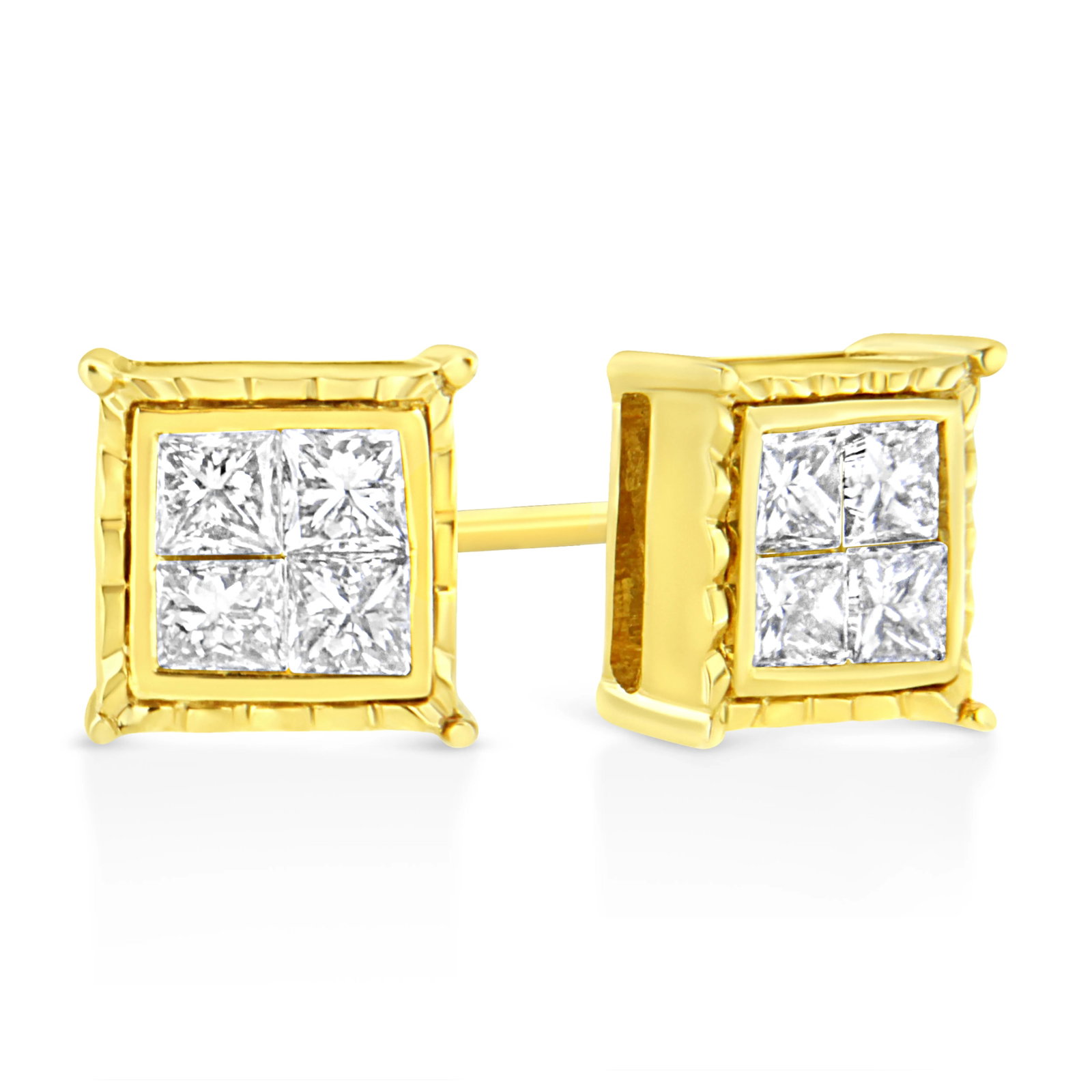 14K Yellow Gold 1.0 Cttw Invisible Set Princess-Cut Diamond Composite 8 Stone Stud Earrings - 2