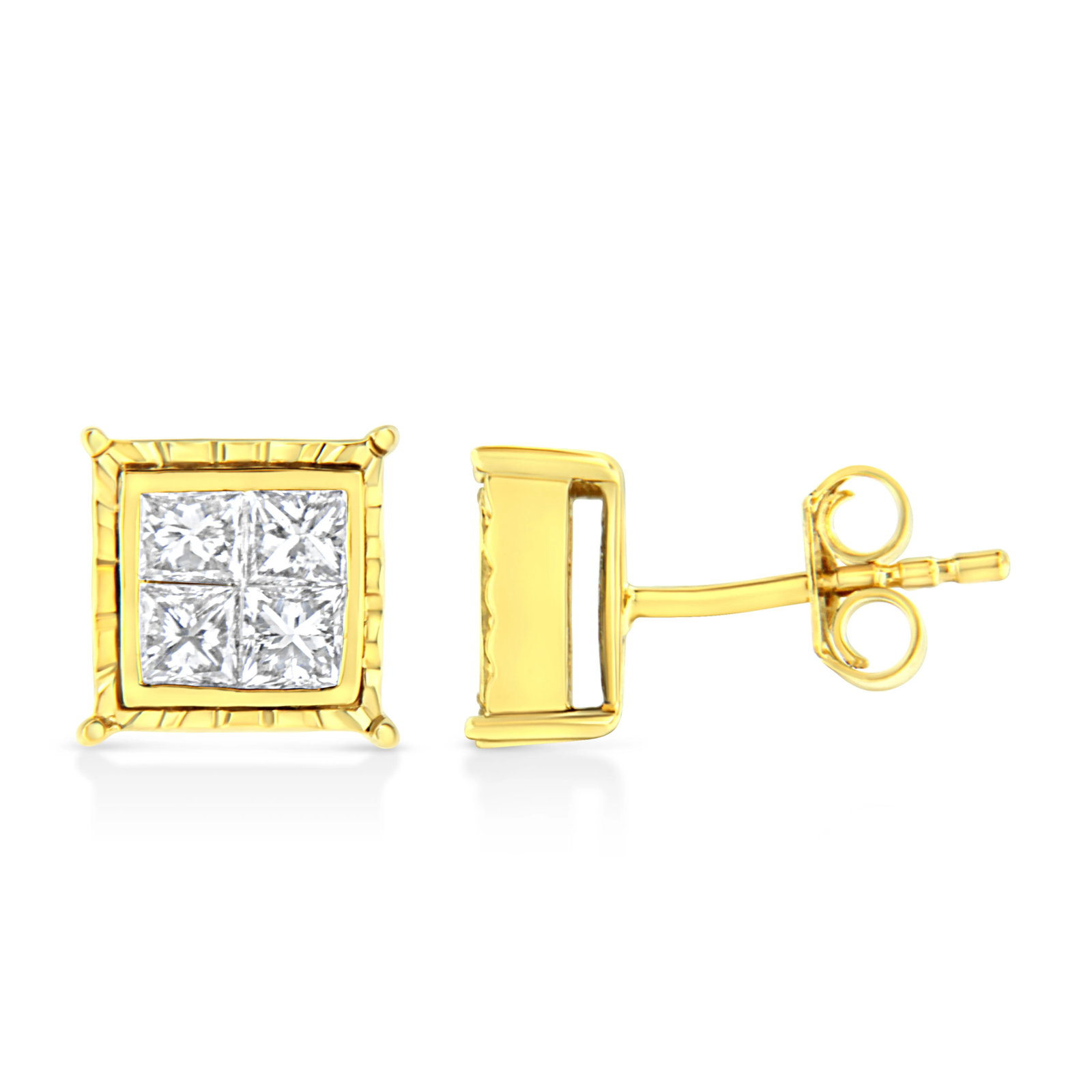 14K Yellow Gold 1.0 Cttw Invisible Set Princess-Cut Diamond Composite 8 Stone Stud Earrings - 3