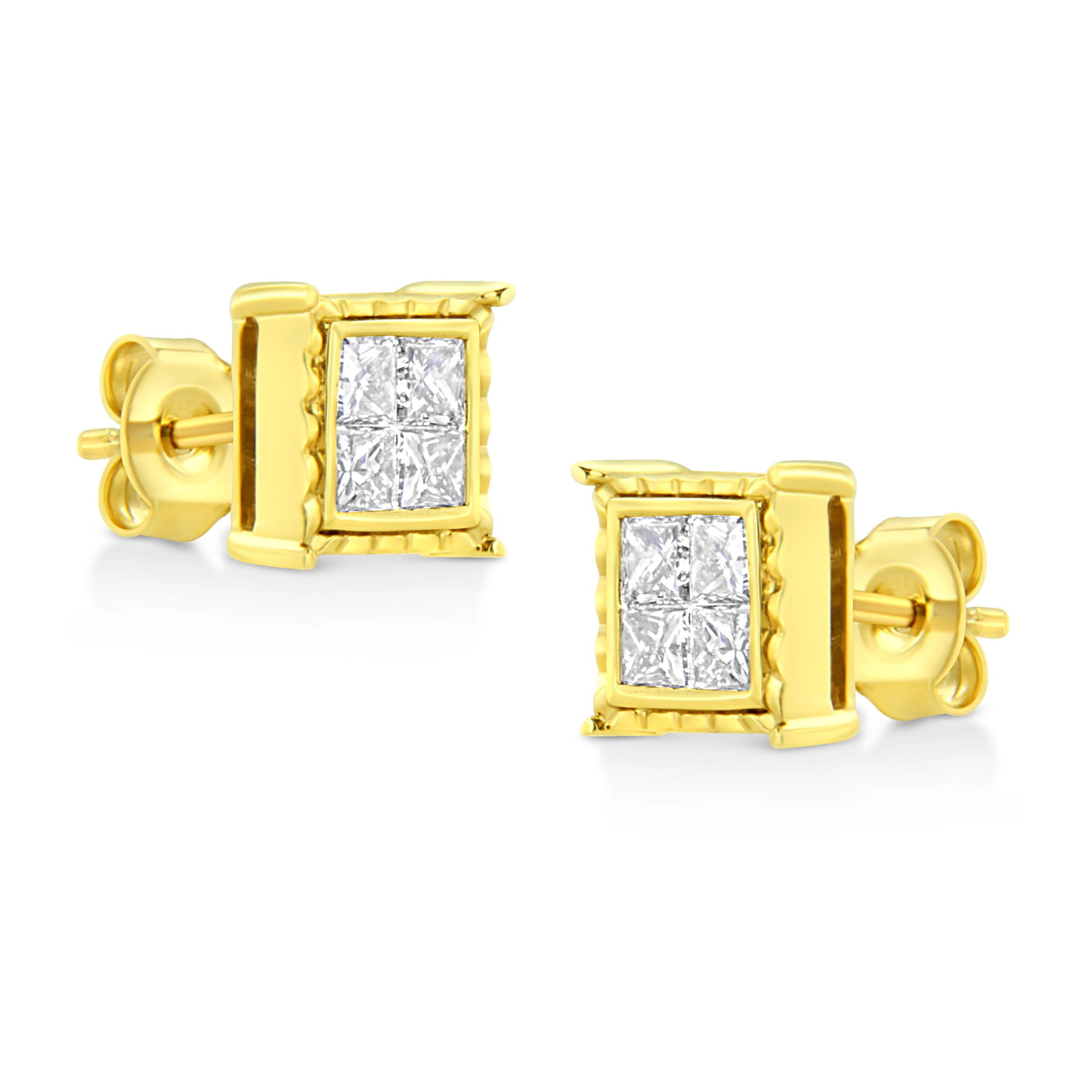 14K Yellow Gold 1.0 Cttw Invisible Set Princess-Cut Diamond Composite 8 Stone Stud Earrings - 4
