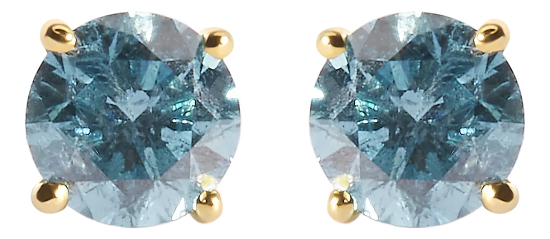14K Yellow Gold 1.0 Cttw Treated Aqua Blue Diamond Classic Solitaire Stud Earrings: Indulge in the timeless elegance of these 14K yellow gold solitaire stud earrings, featuring two natural round diamonds with a total weight of 1.0 cttw. The treated aqua blue diamonds exude a