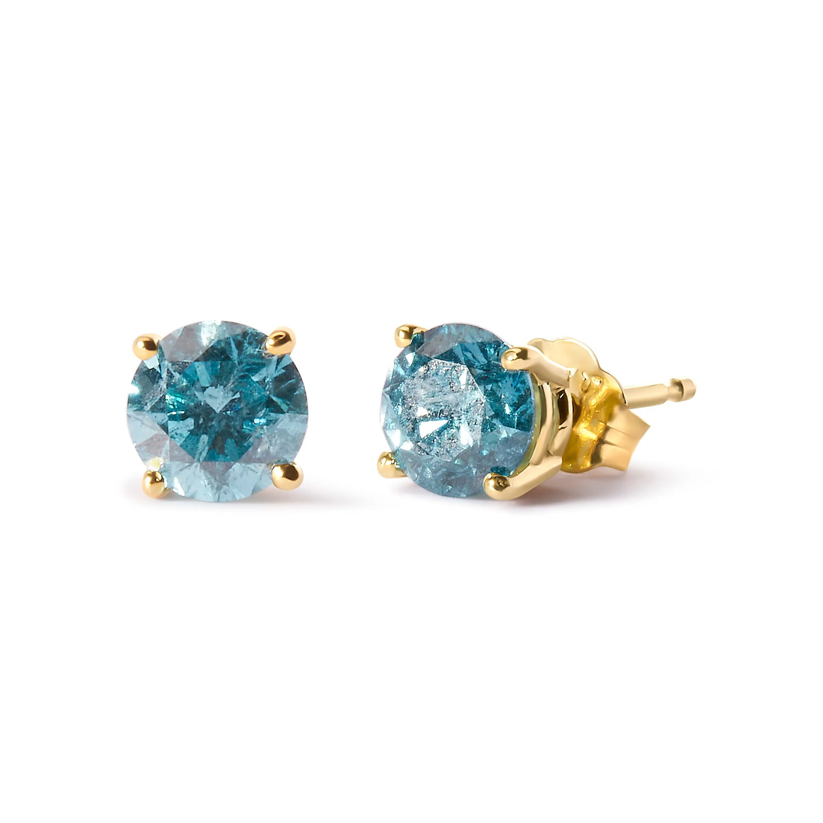 14K Yellow Gold 1.0 Cttw Treated Aqua Blue Diamond Classic Solitaire Stud Earrings - 2
