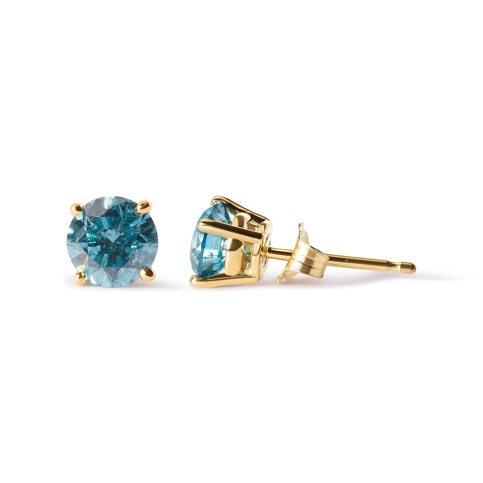 14K Yellow Gold 1.0 Cttw Treated Aqua Blue Diamond Classic Solitaire Stud Earrings - 3